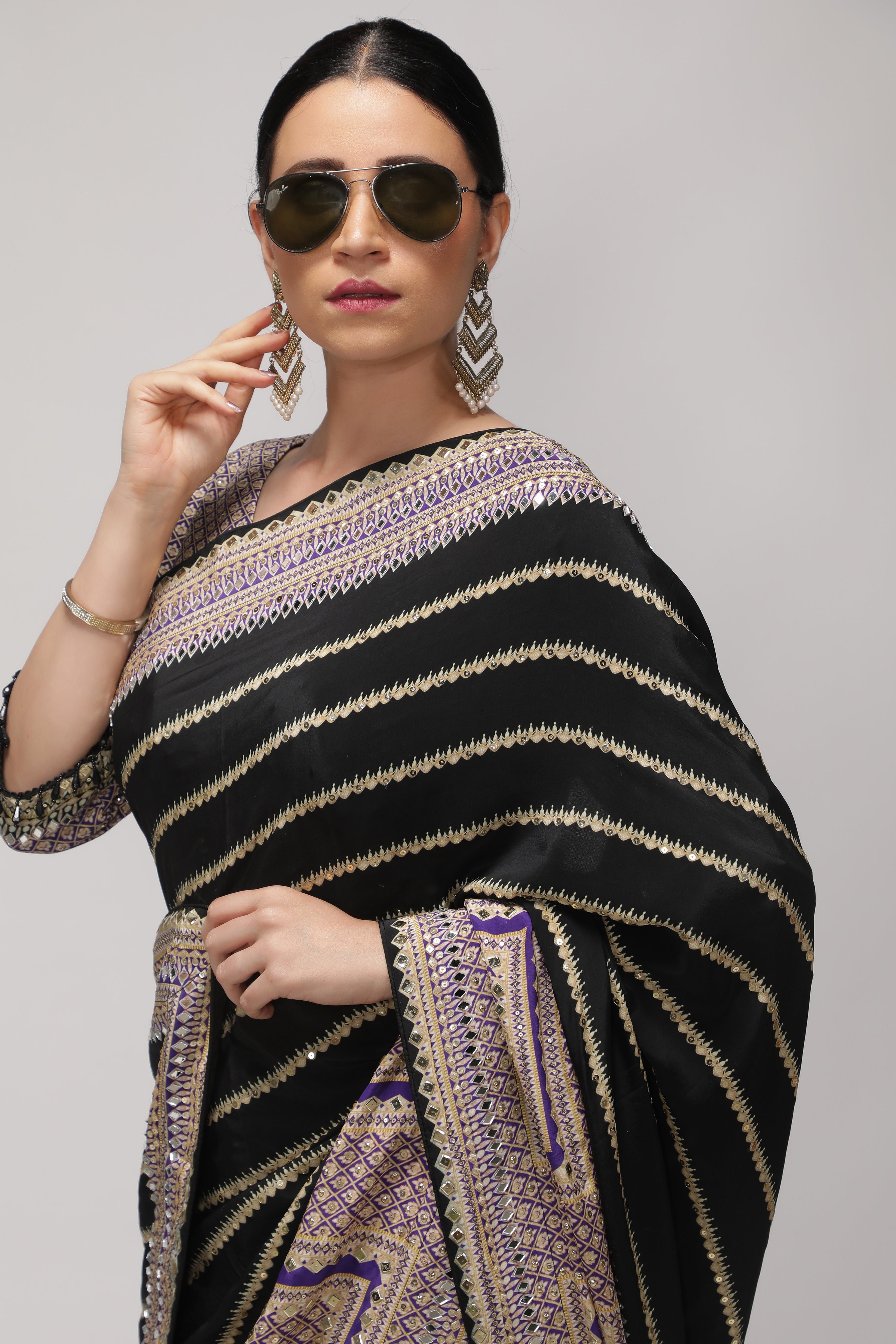 Black Satin Silk Saree with Striped Print, Mirror & Sequin Embroidery