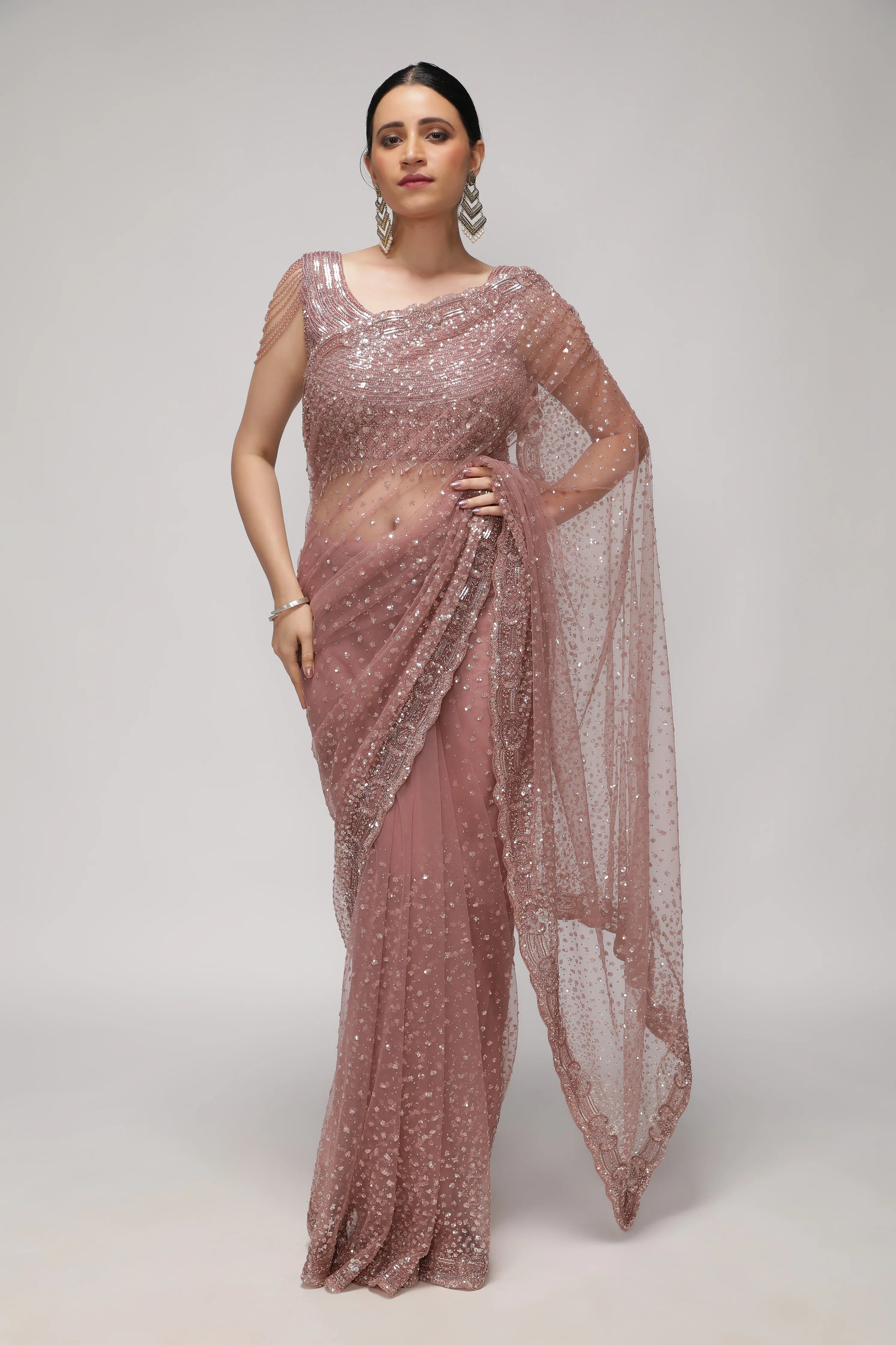 Dusty Rose Net Saree with All-Over Sequin & Pearl Scallop Border | Mokshaa