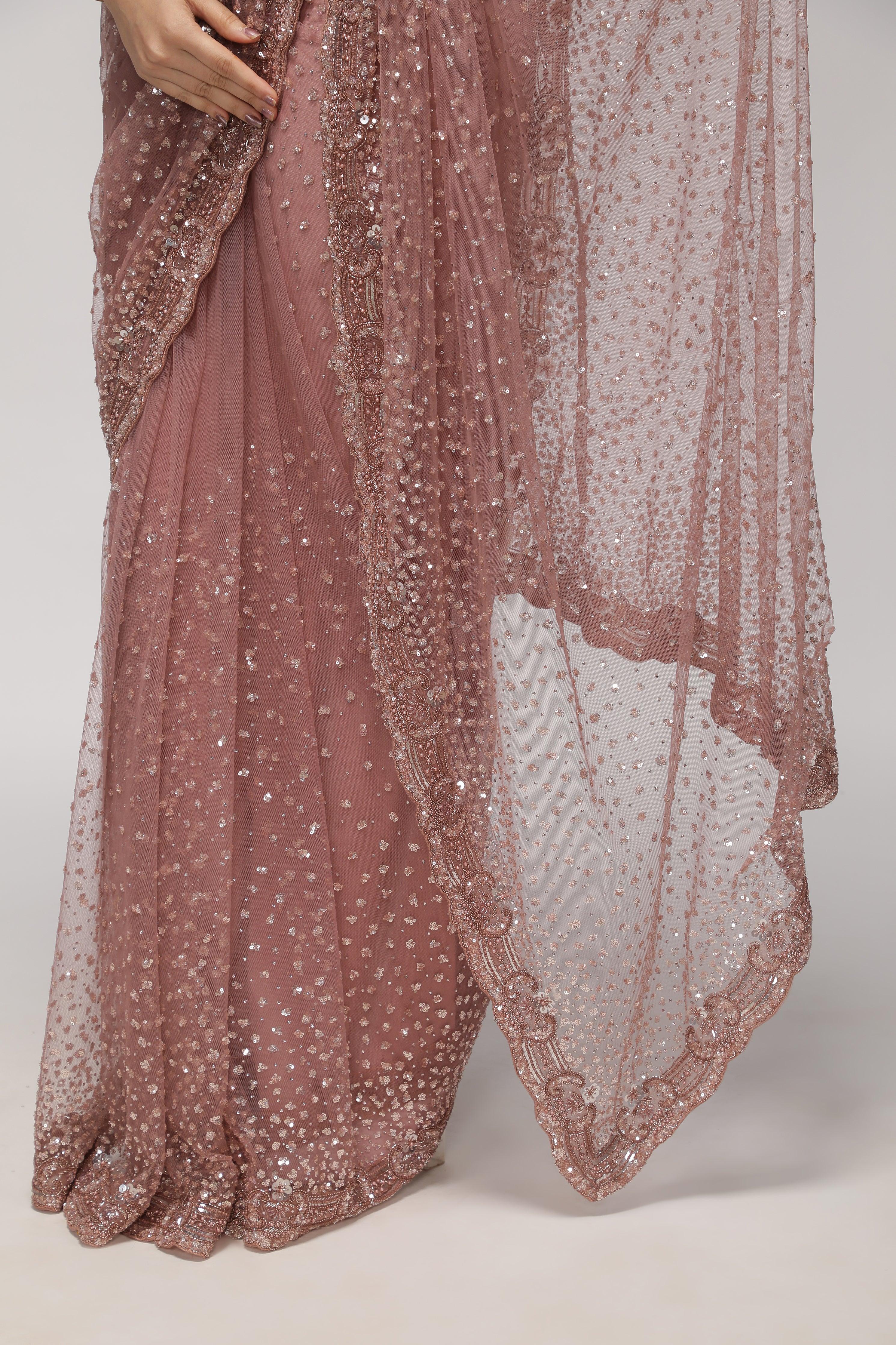 Dusty Rose Net Saree with All-Over Sequin & Pearl Scallop Border - Mokshaa
