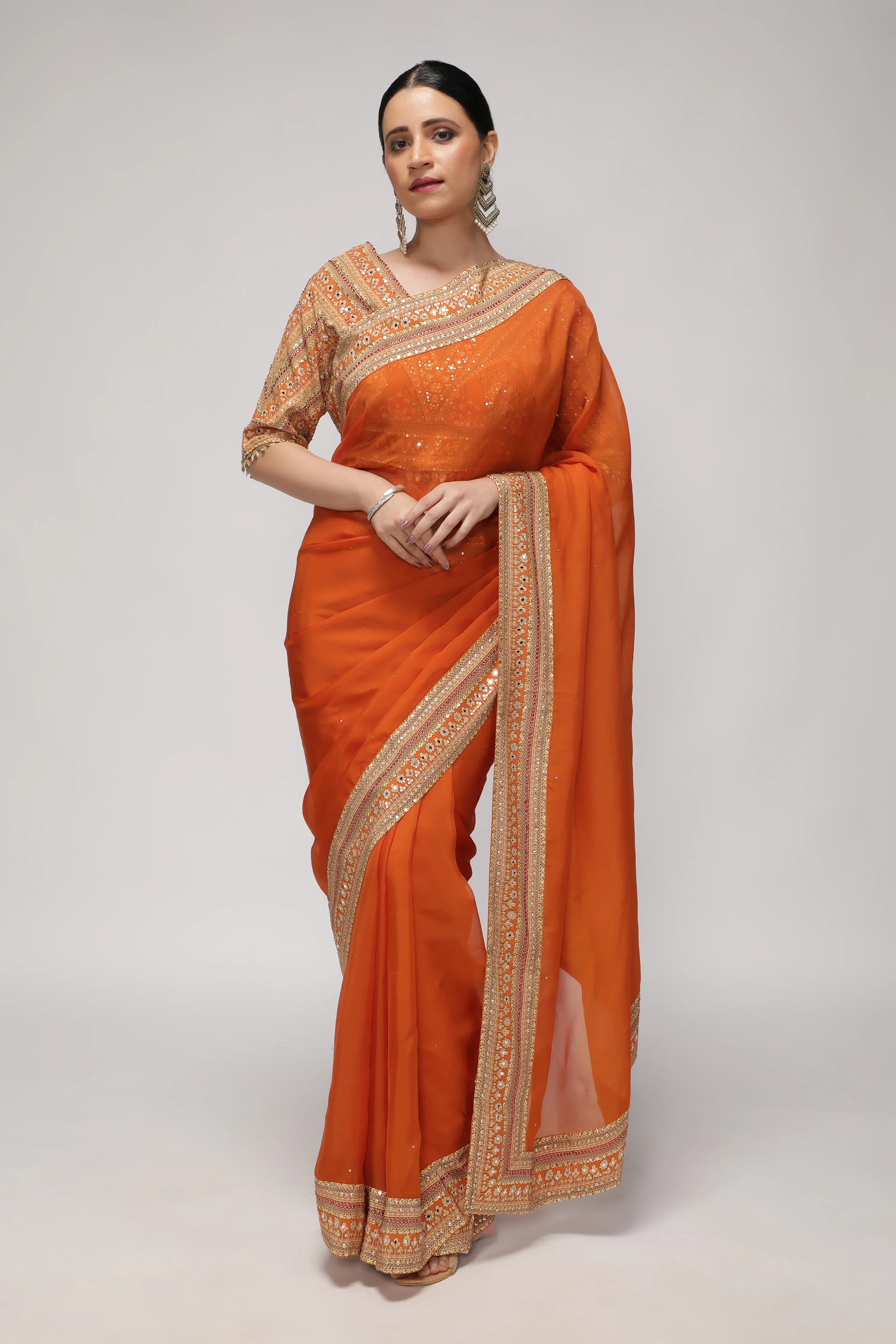 Orange Silk Organza Saree with Sequin Highlights & Mirror Work Border - Mokshaa