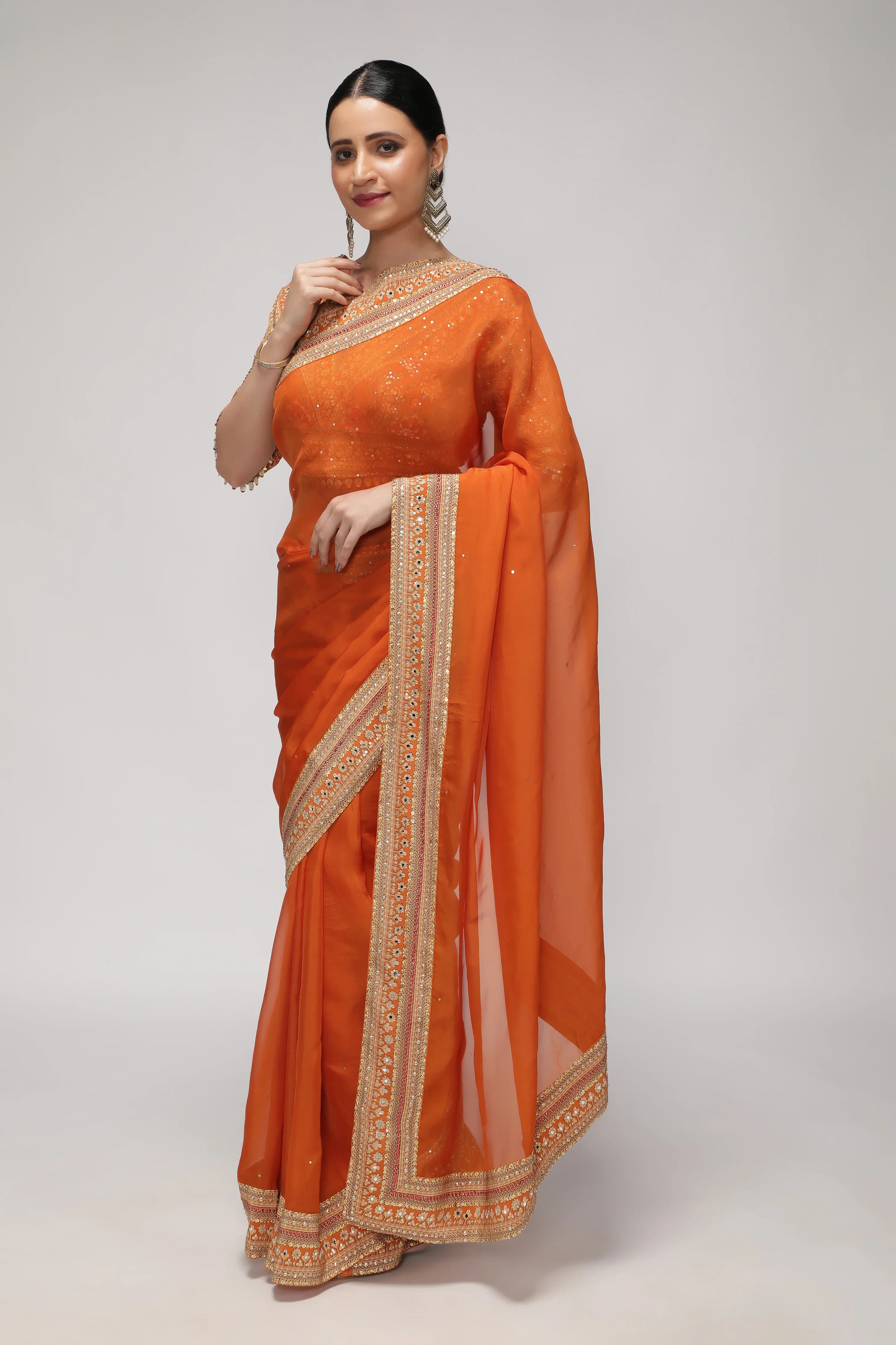 Orange Silk Organza Saree with Sequin Highlights & Mirror Work Border - Mokshaa