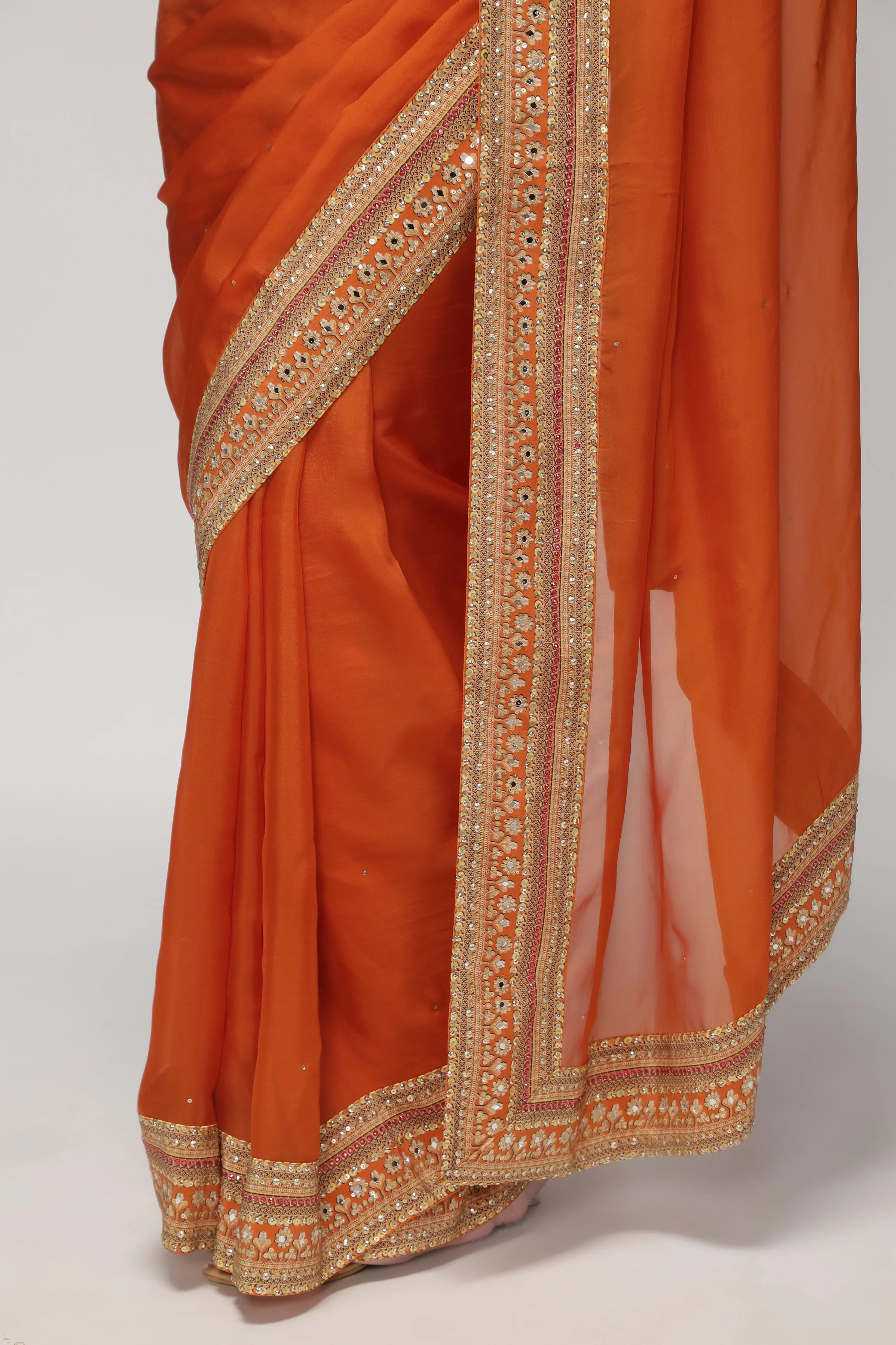 Orange Silk Organza Saree with Sequin Highlights & Mirror Work Border - Mokshaa