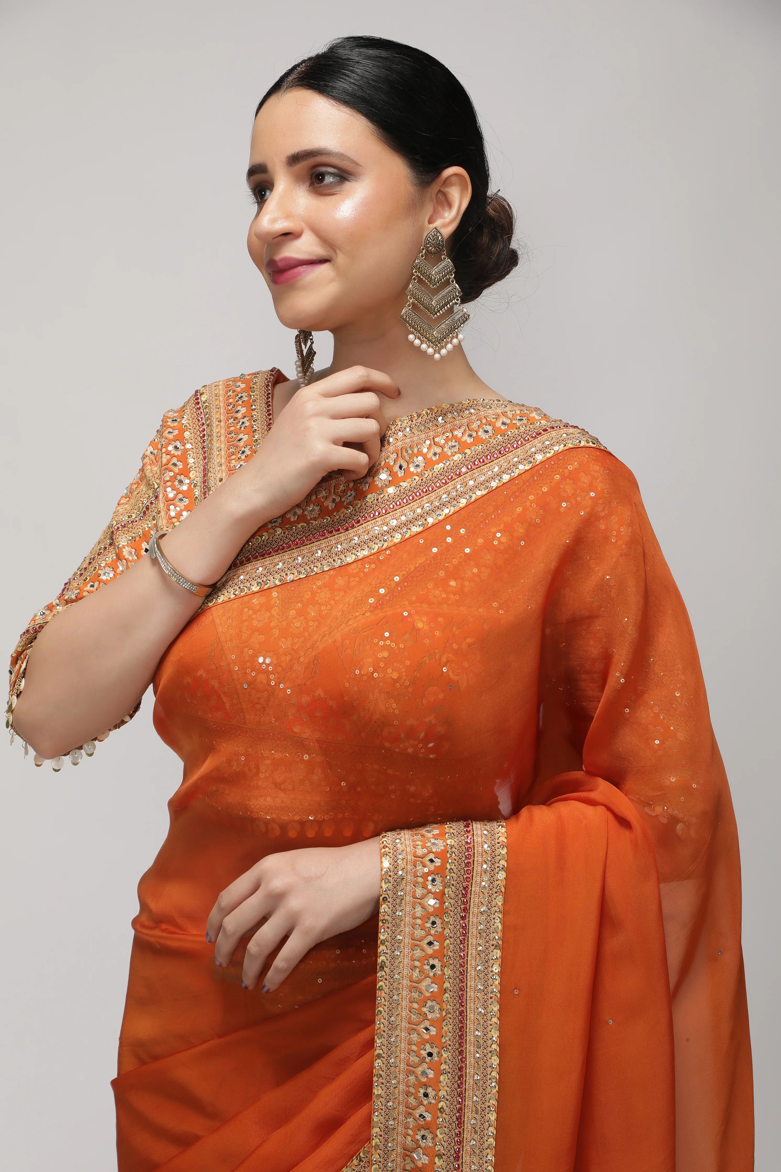 Orange Silk Organza Saree with Sequin Highlights & Mirror Work Border - Mokshaa