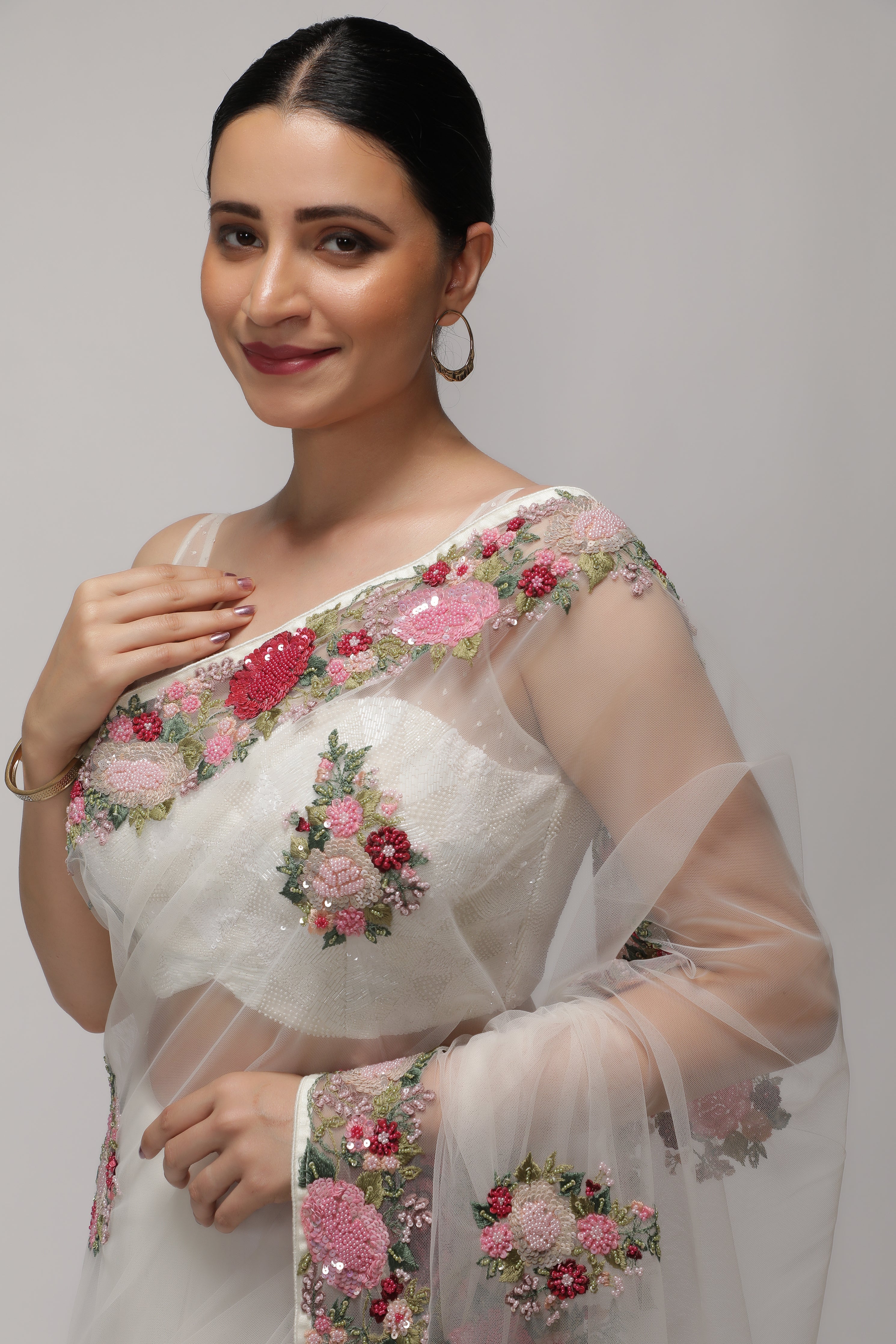 White Net Saree with Multithread, Sequin & Pearl Embroidery