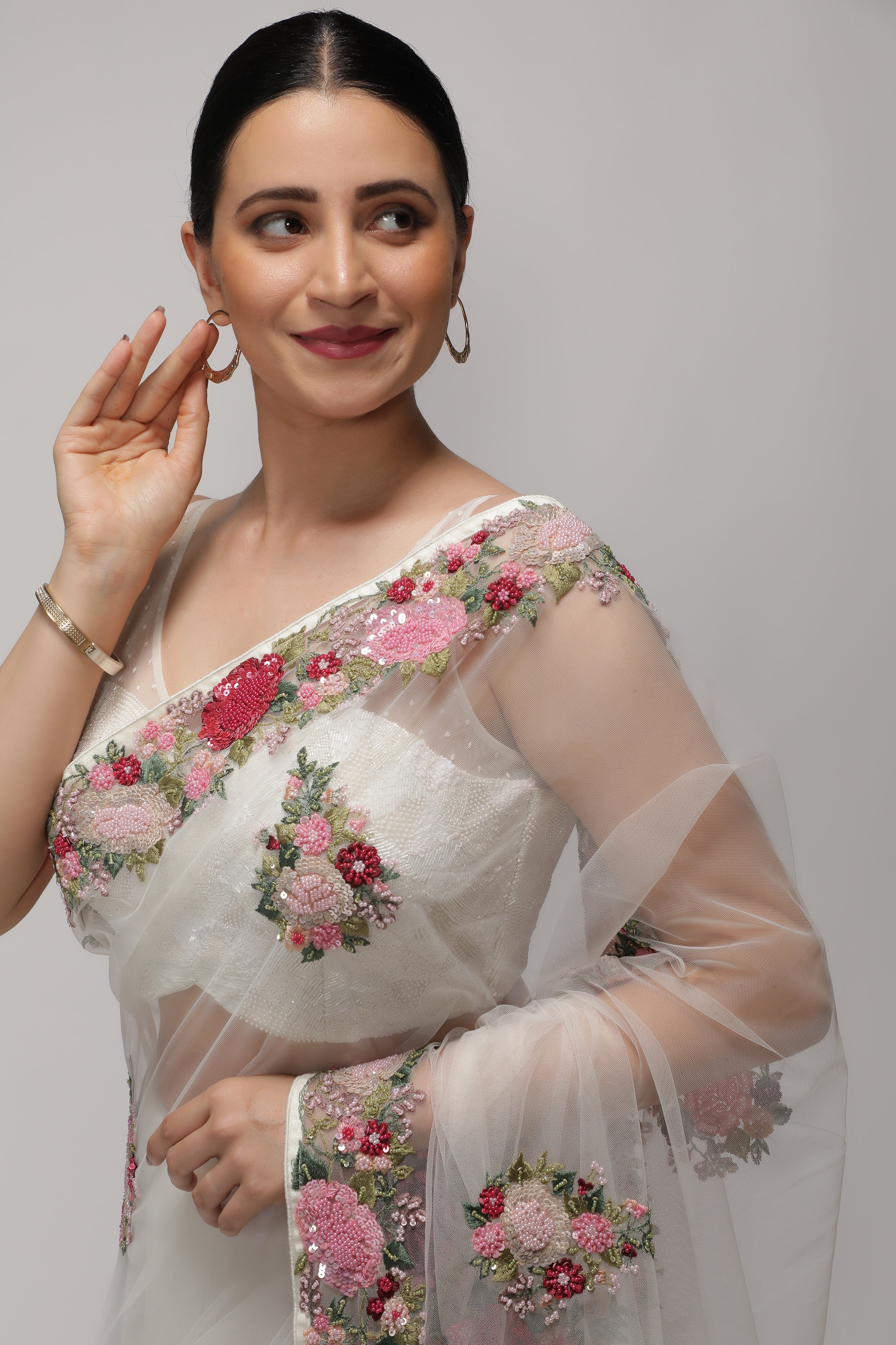 White Net Saree with Multithread, Sequin & Pearl Embroidery