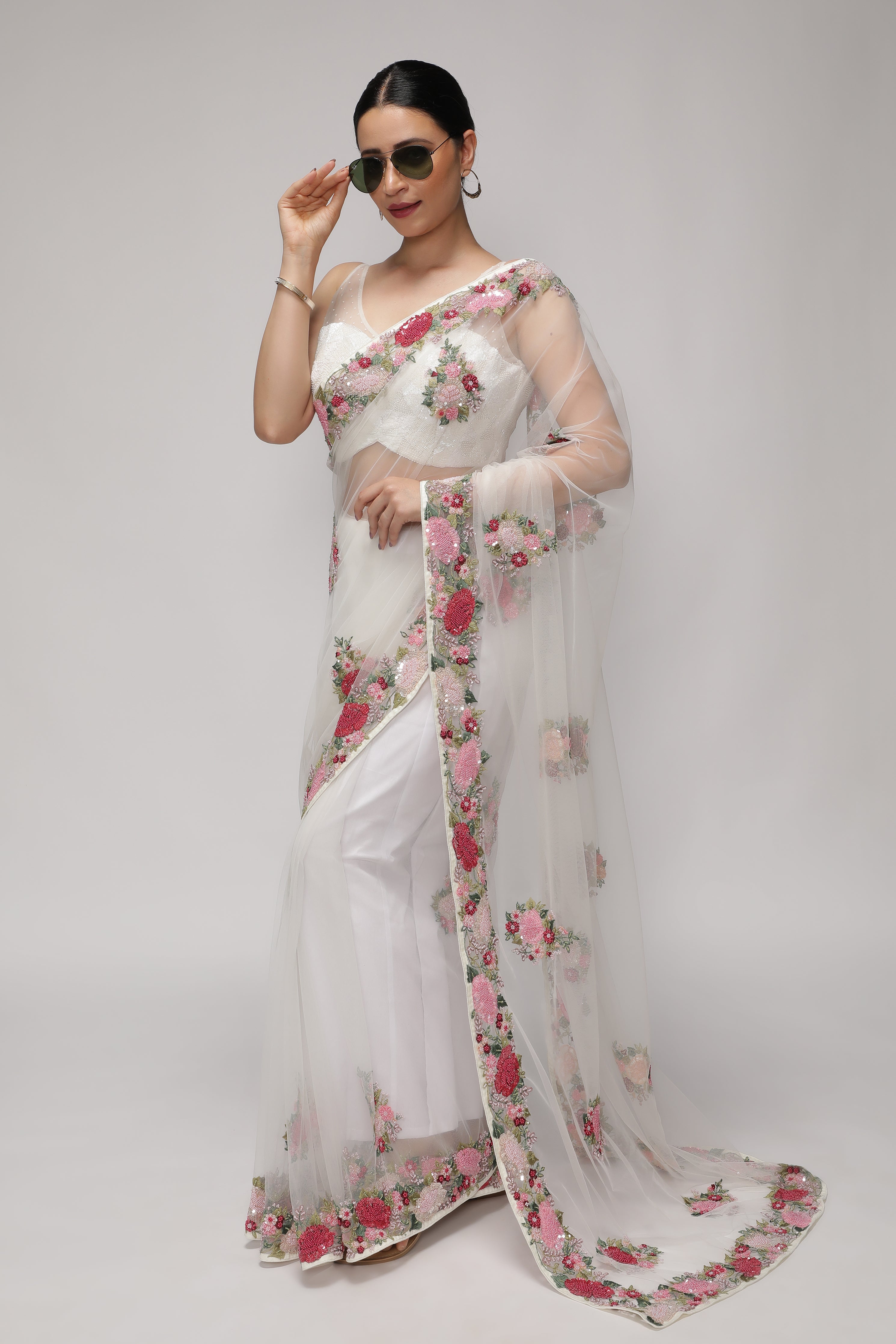 White Net Saree with Multithread, Sequin & Pearl Embroidery