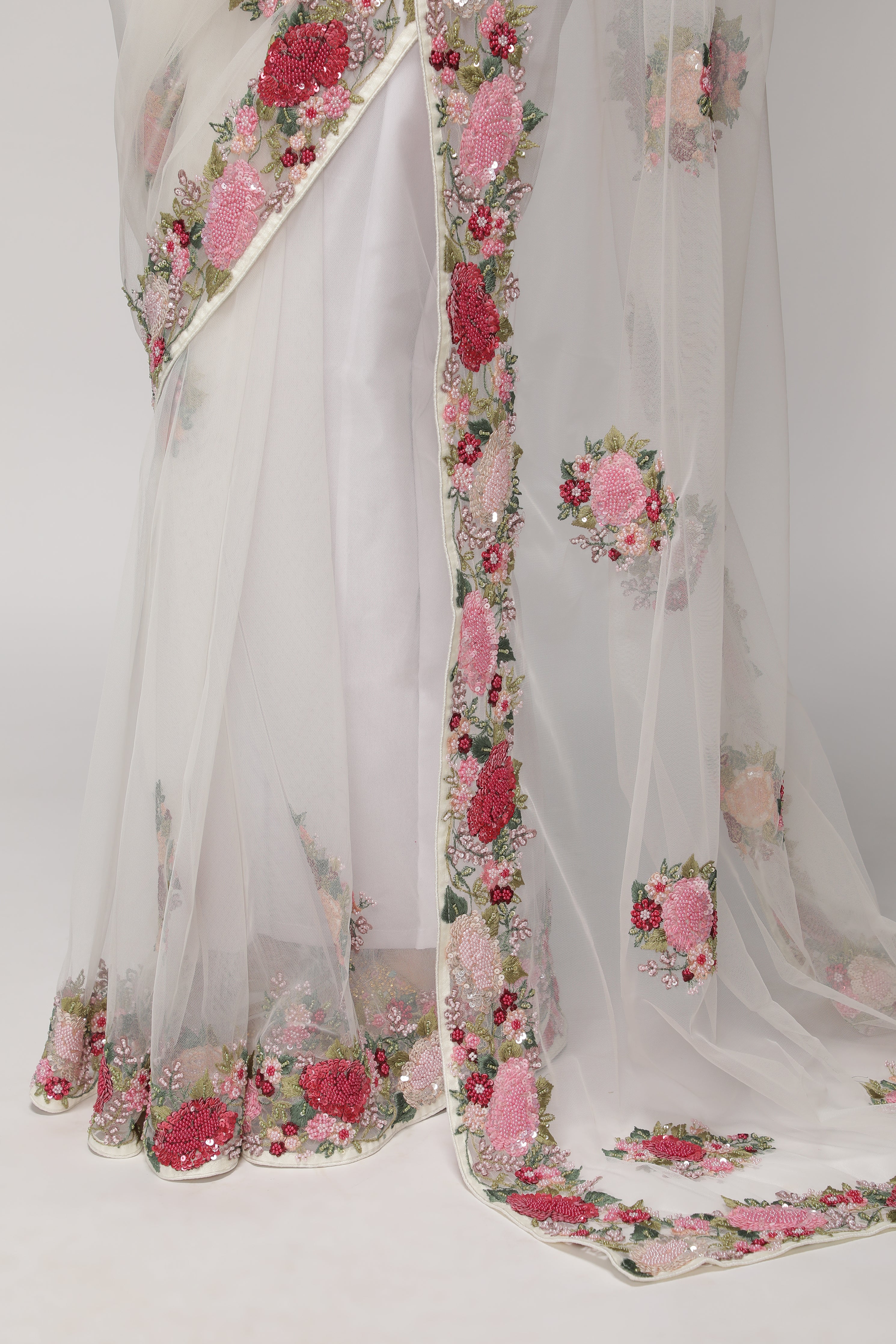White Net Saree with Multithread, Sequin & Pearl Embroidery