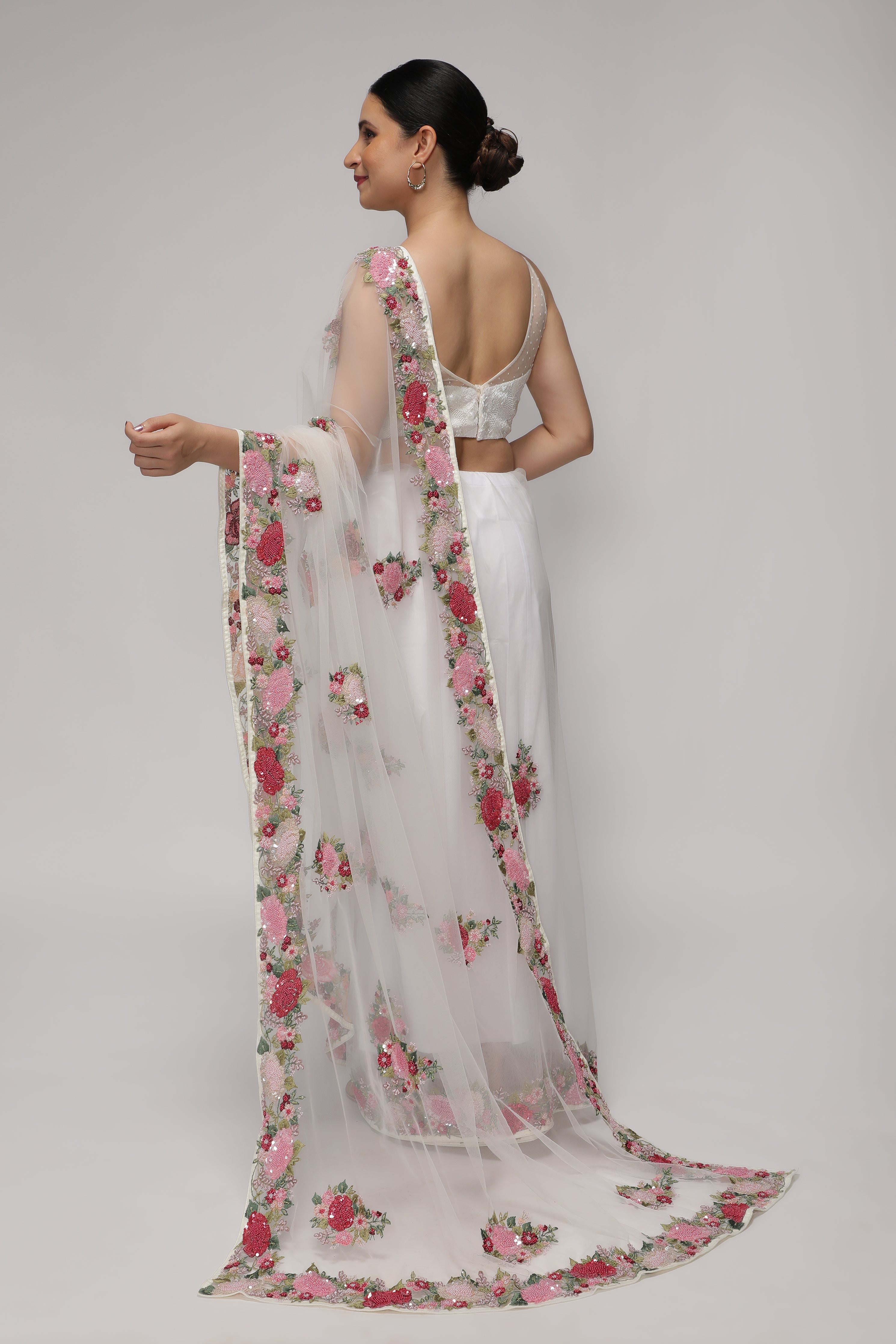 White Net Saree with Multithread, Sequin & Pearl Embroidery