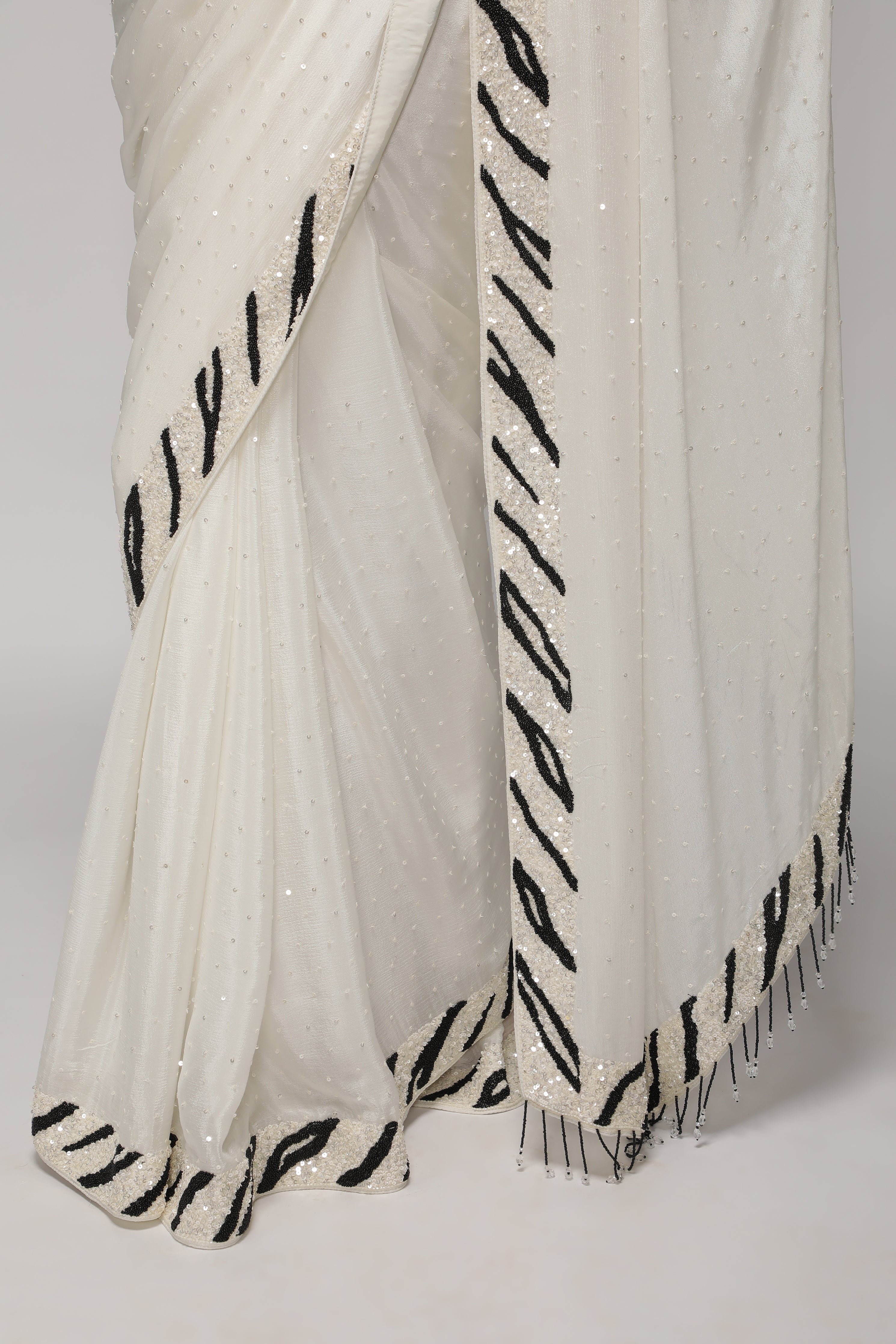 White Crepe Chiffon Saree with Sequins and Beaded Border
