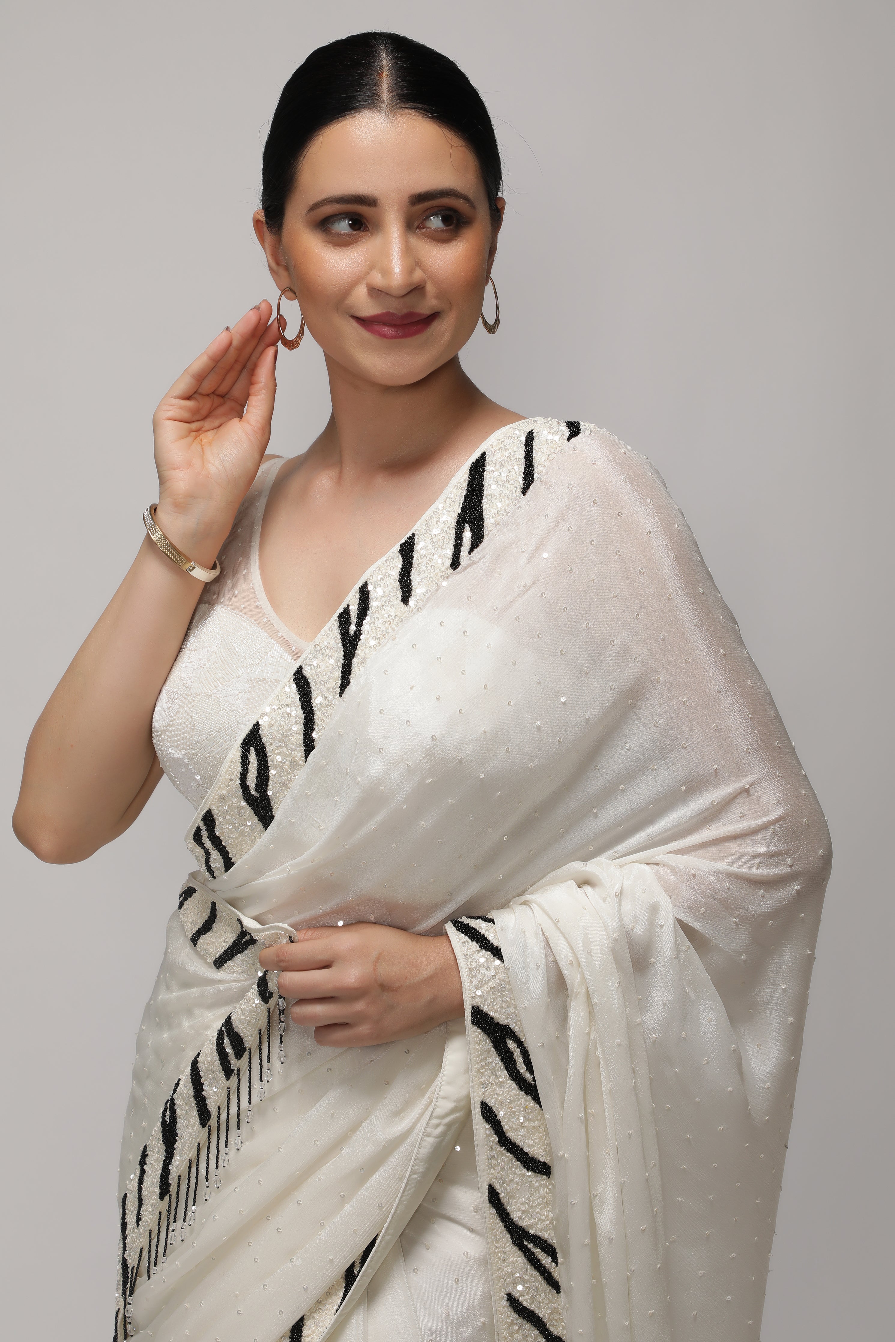 White Crepe Chiffon Saree with Sequins and Beaded Border