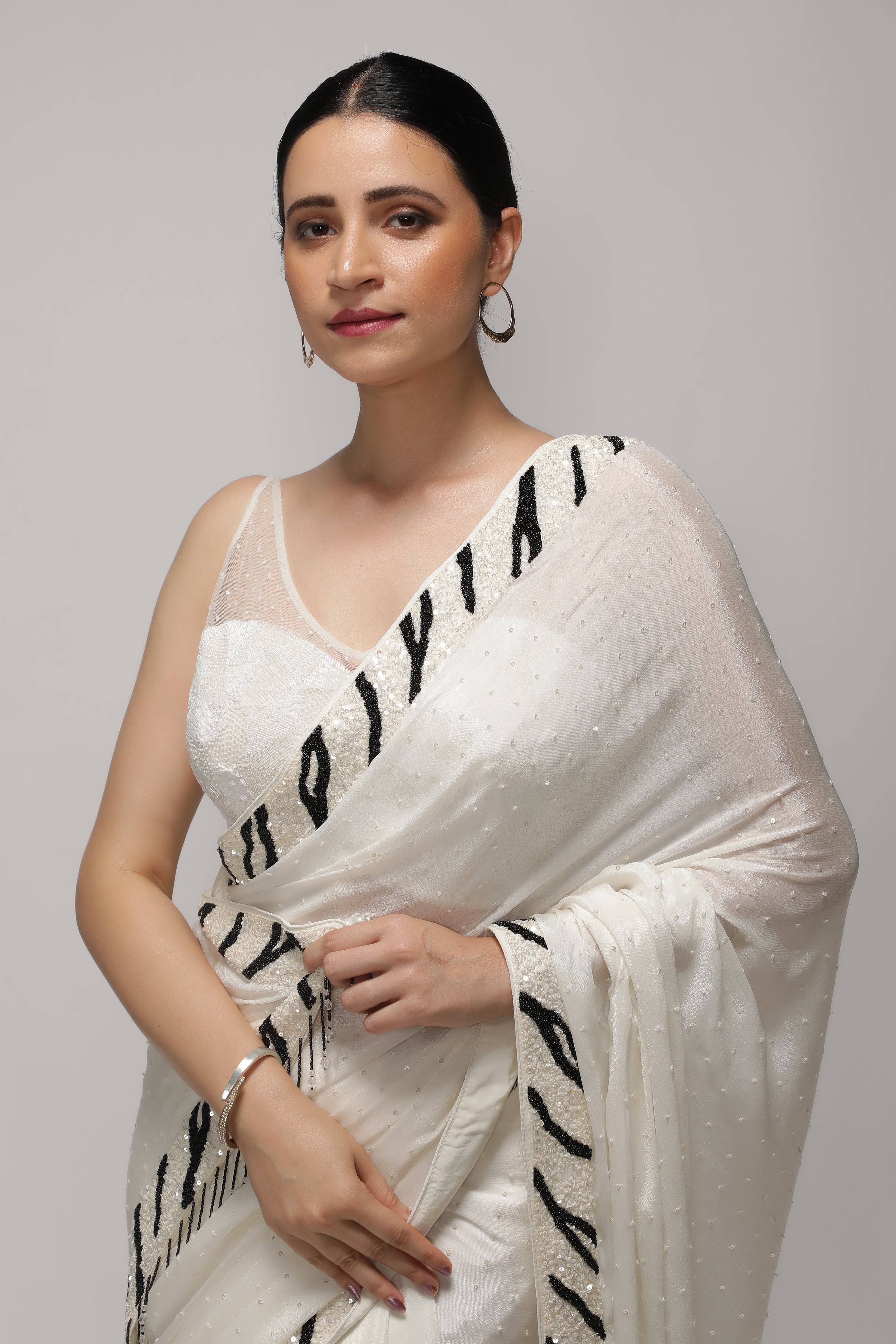White Crepe Chiffon Saree with Sequins and Beaded Border