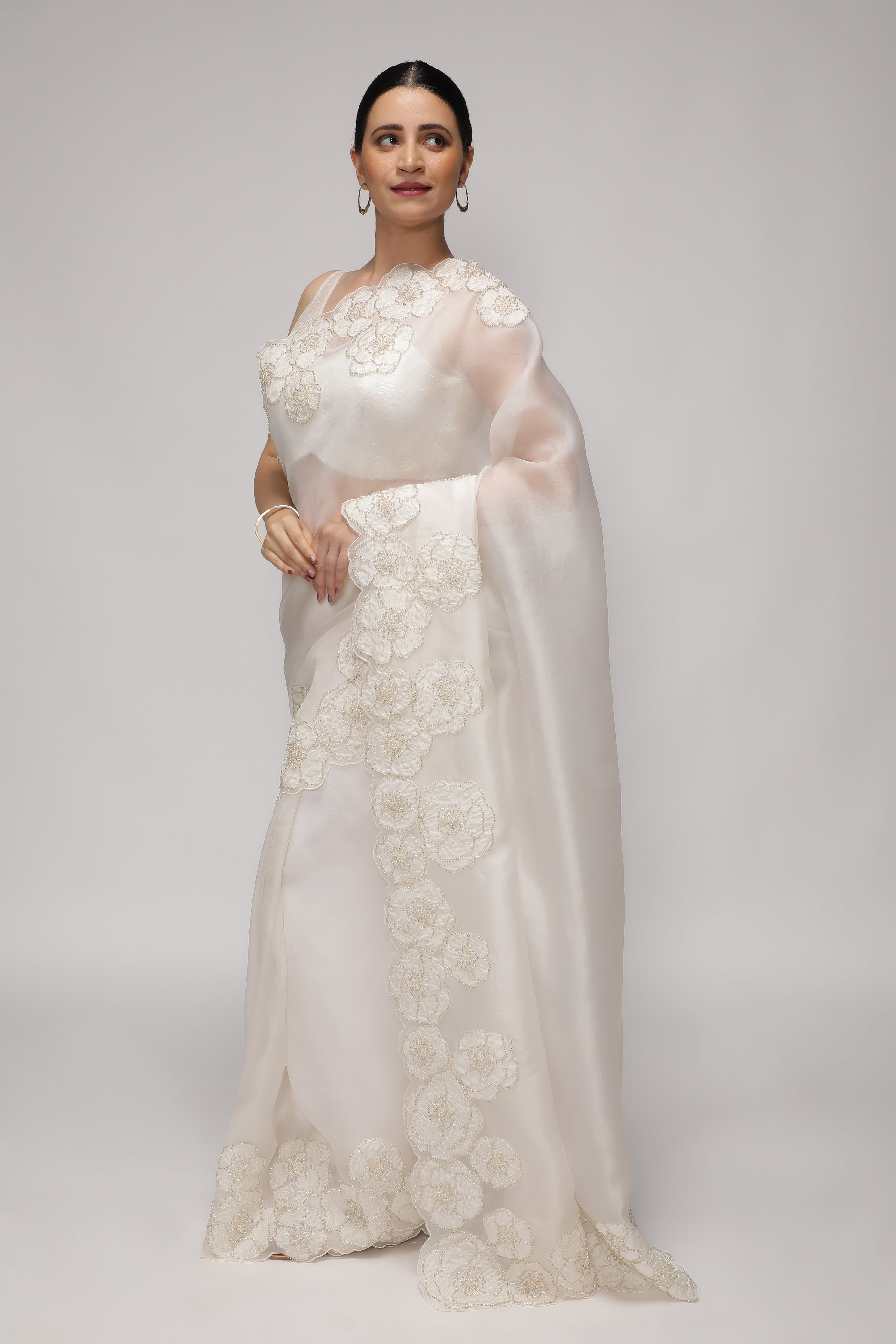 White Organza Saree with Floral Appliqué & Pearl-Embellished Border