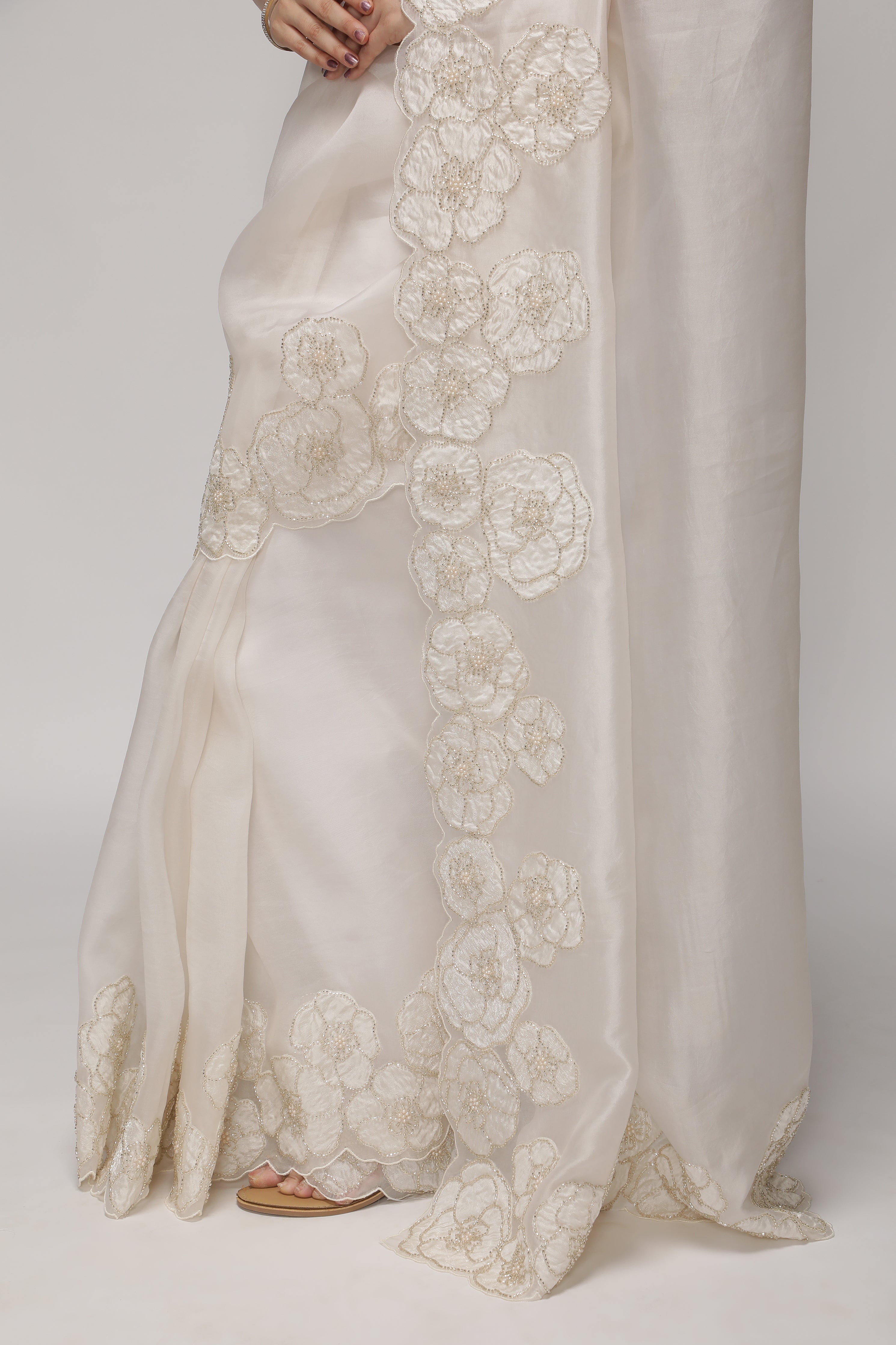 White Organza Saree with Floral Appliqué & Pearl-Embellished Border