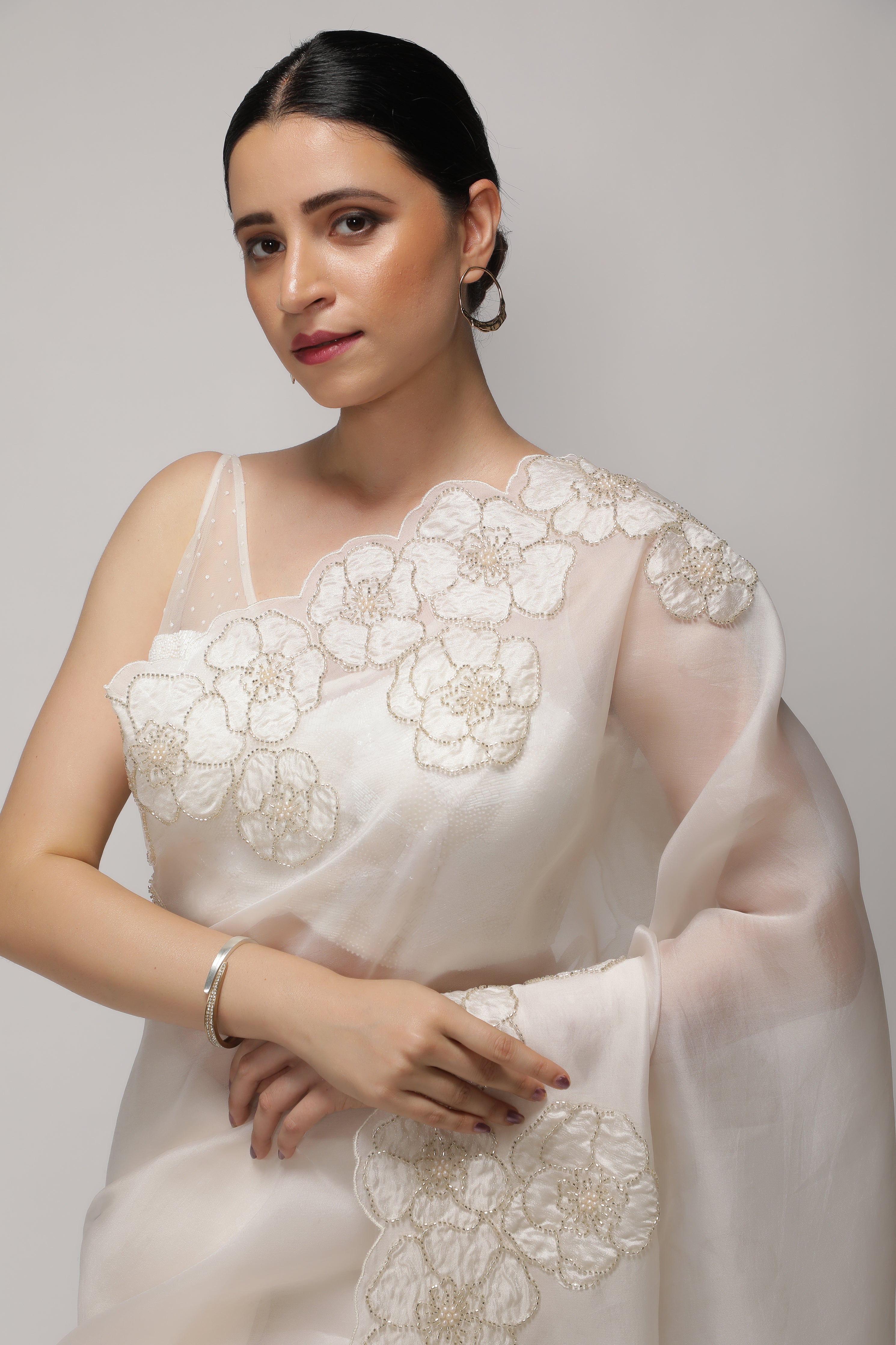 White Organza Saree with Floral Appliqué & Pearl-Embellished Border