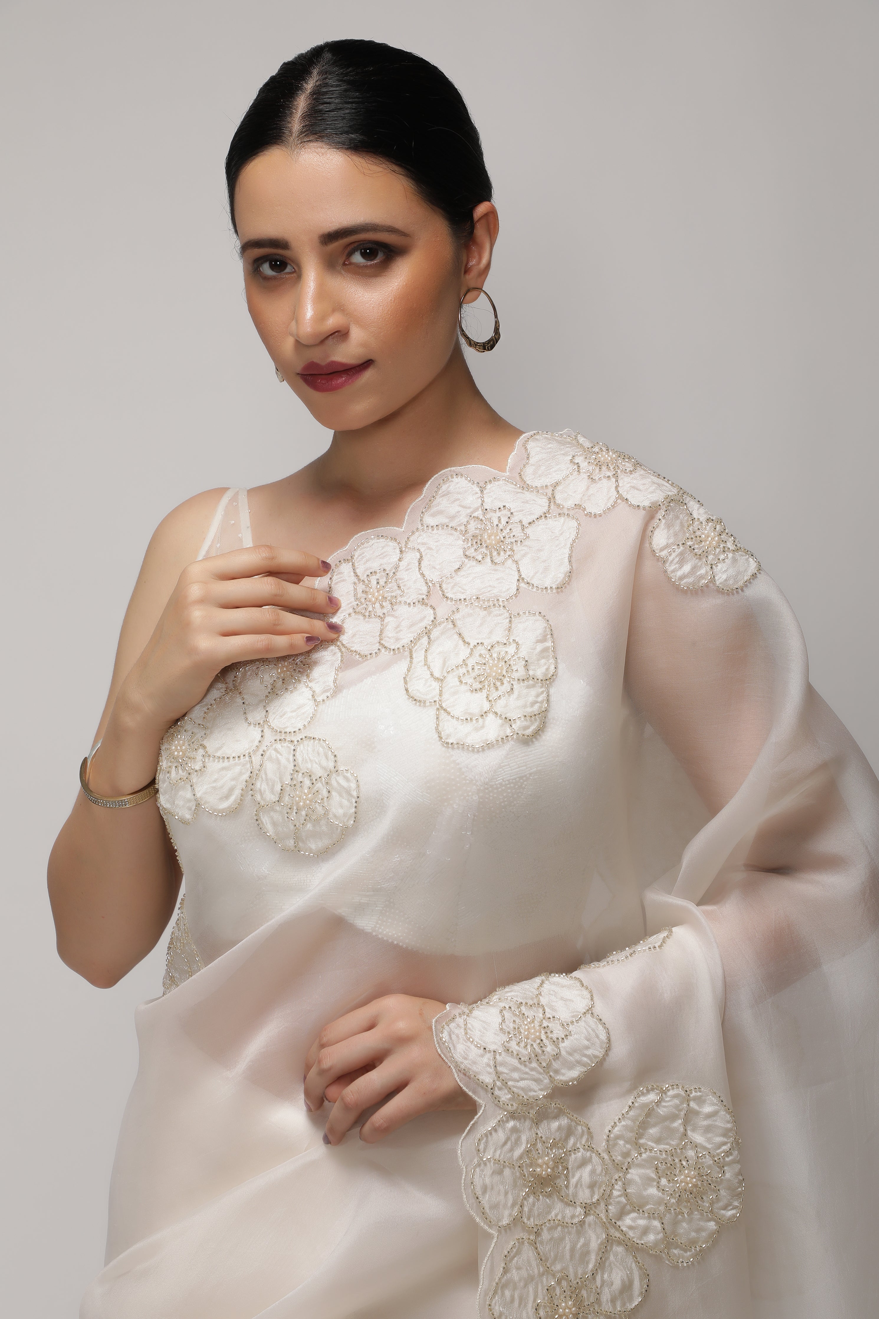 White Organza Saree with Floral Appliqué & Pearl-Embellished Border