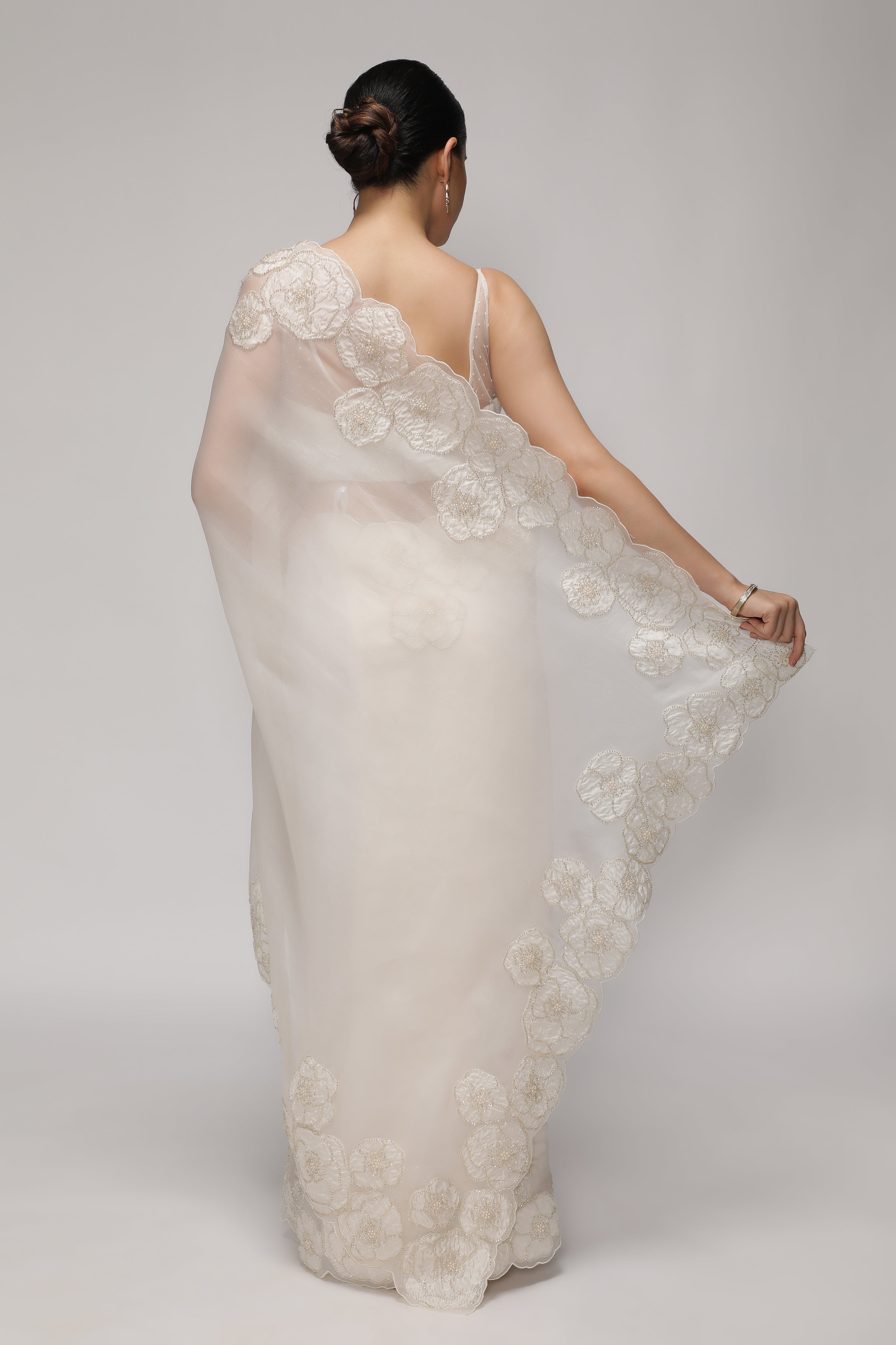 White Organza Saree with Floral Appliqué & Pearl-Embellished Border
