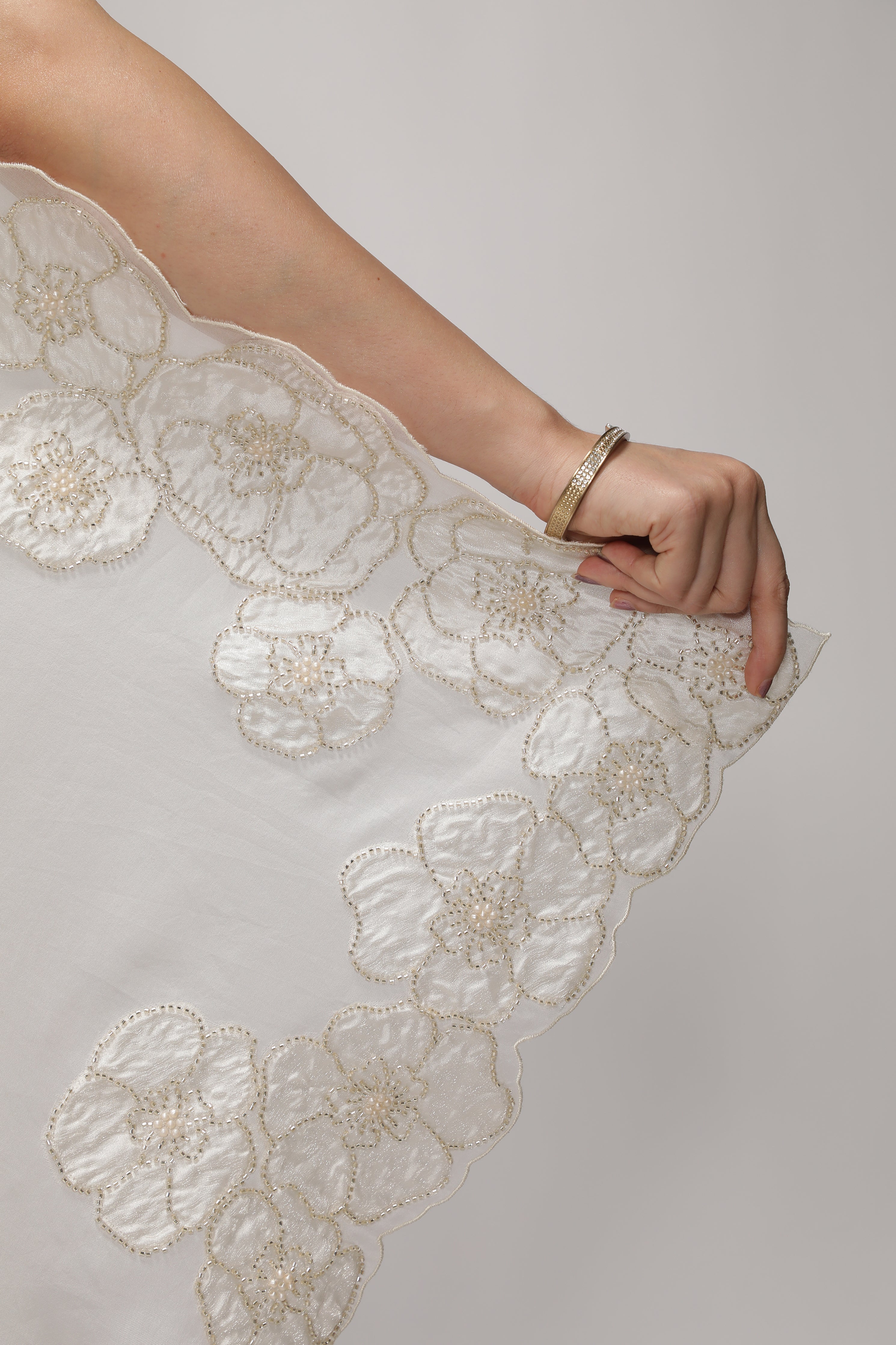 White Organza Saree with Floral Appliqué & Pearl-Embellished Border