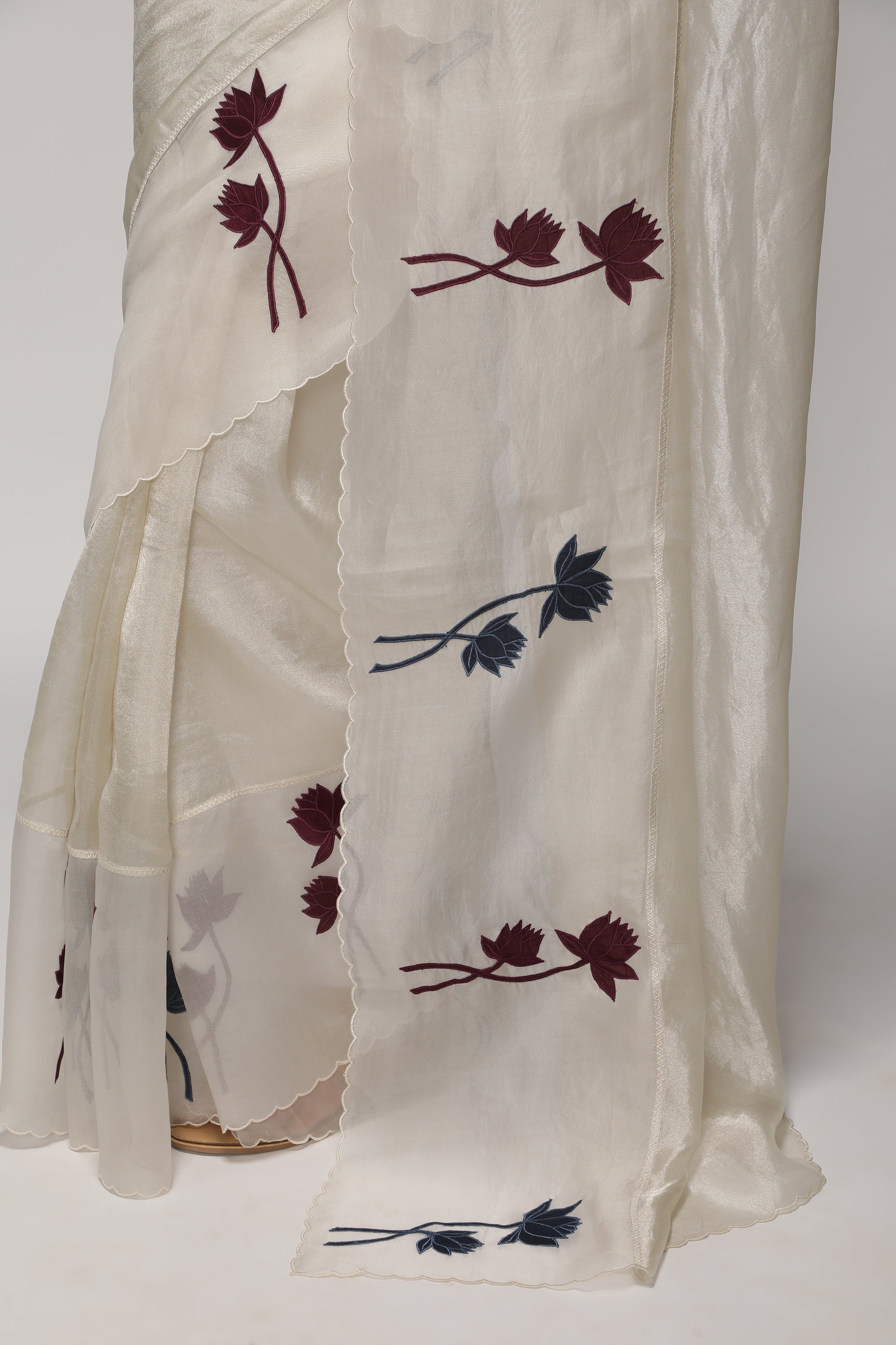 Silver White Tissue Saree with Multicolor Floral Appliqué Kora Border