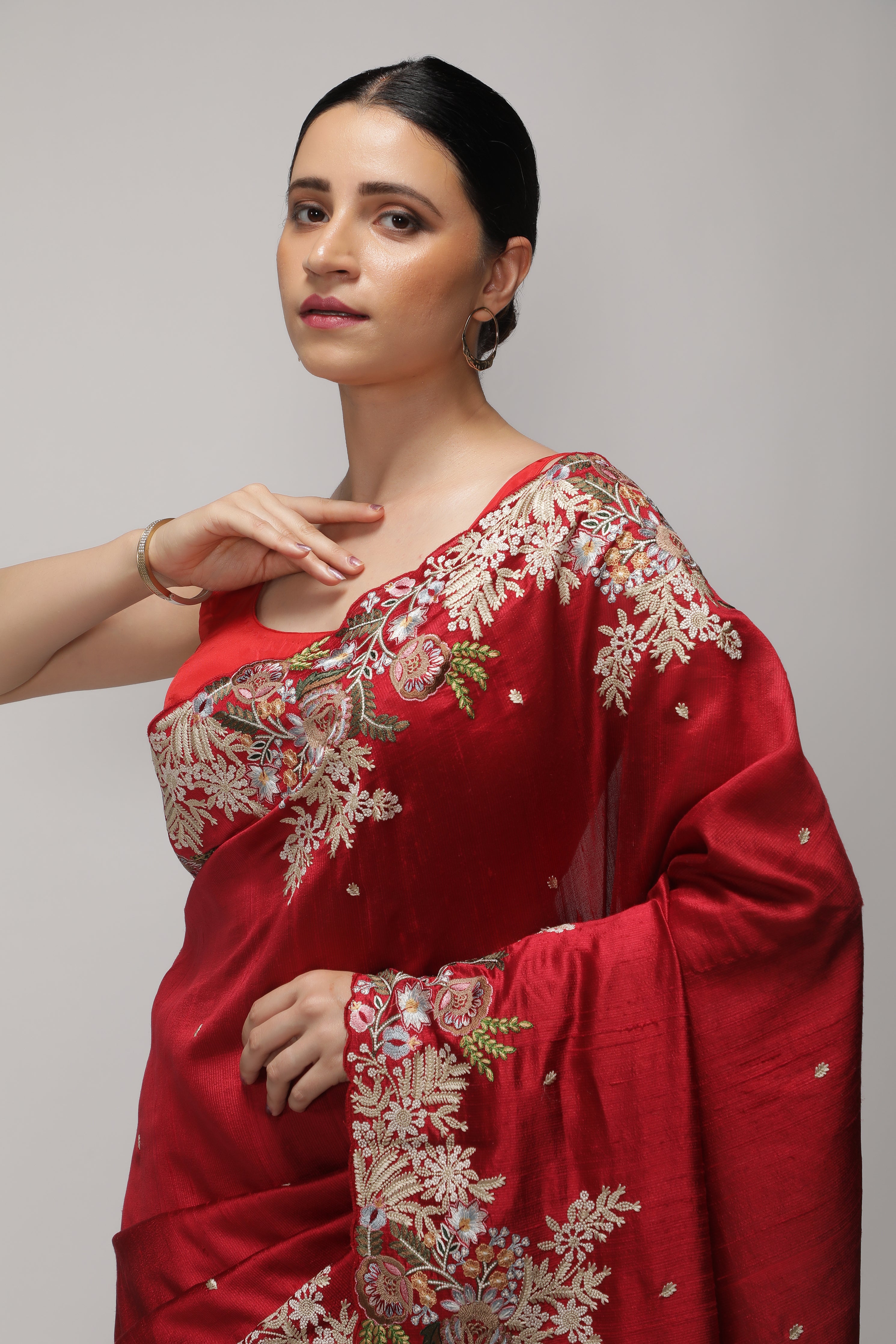 Red Handloom Tussar Saree with Contrast Embroidery Scallop Border