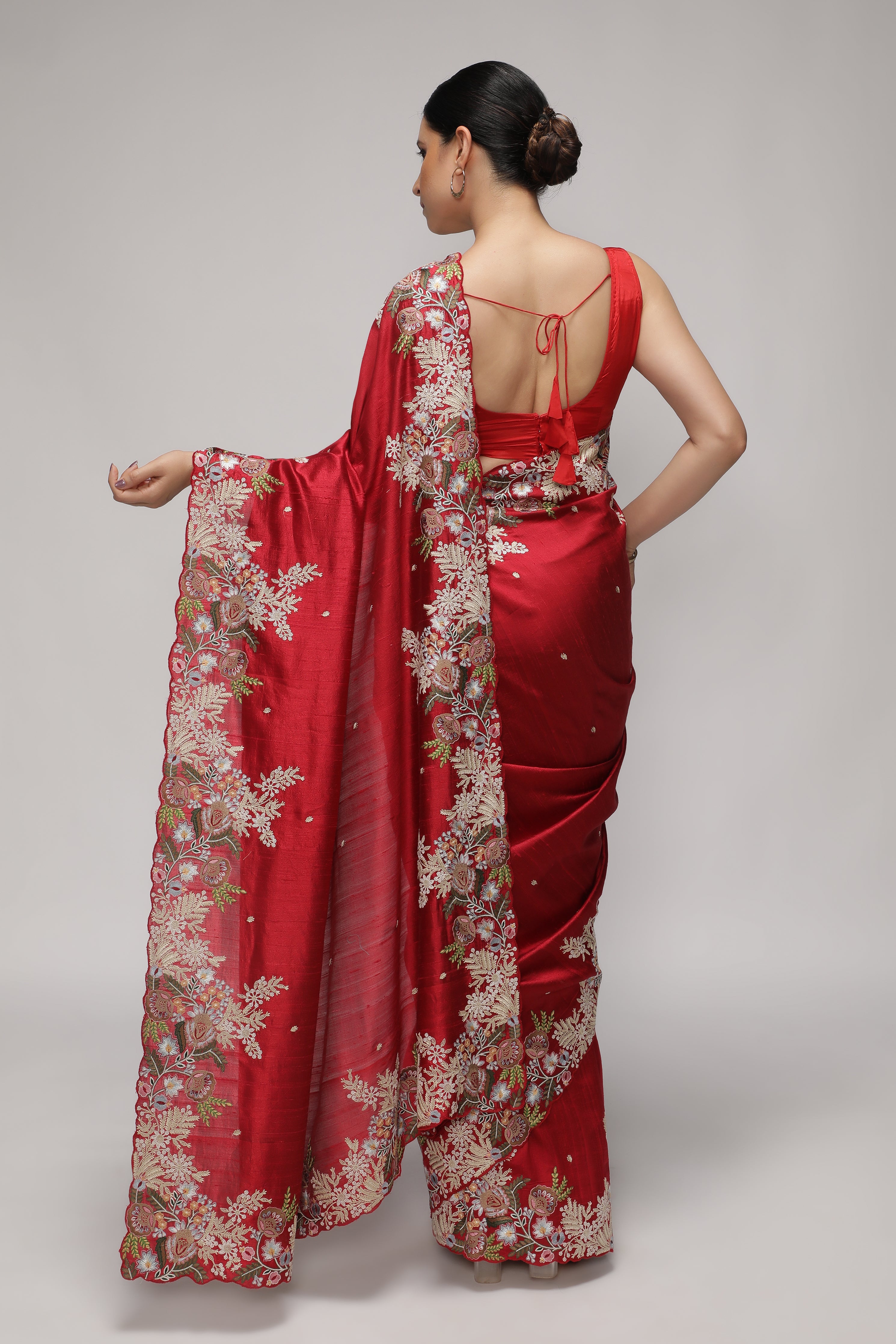 Red Handloom Tussar Saree with Contrast Embroidery Scallop Border