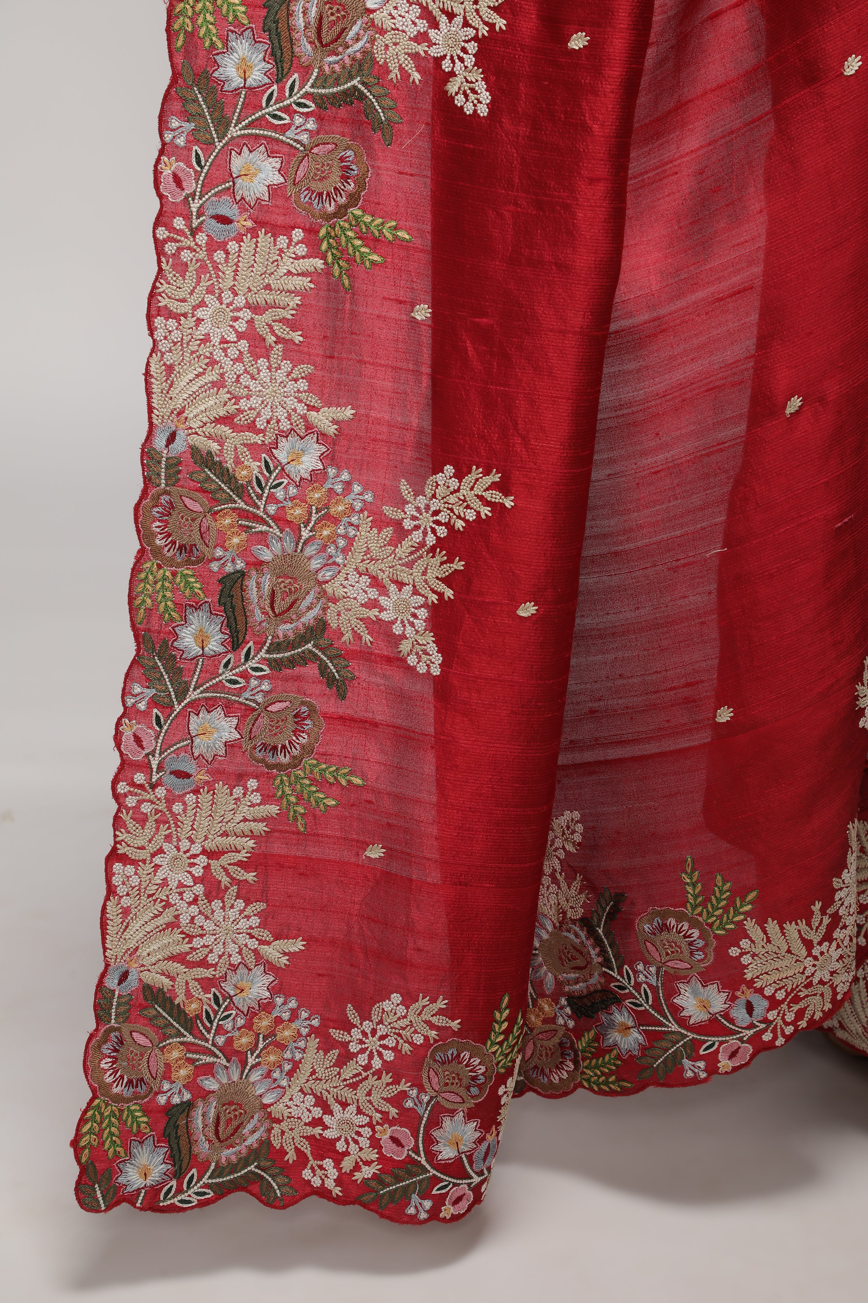Red Handloom Tussar Saree with Contrast Embroidery Scallop Border