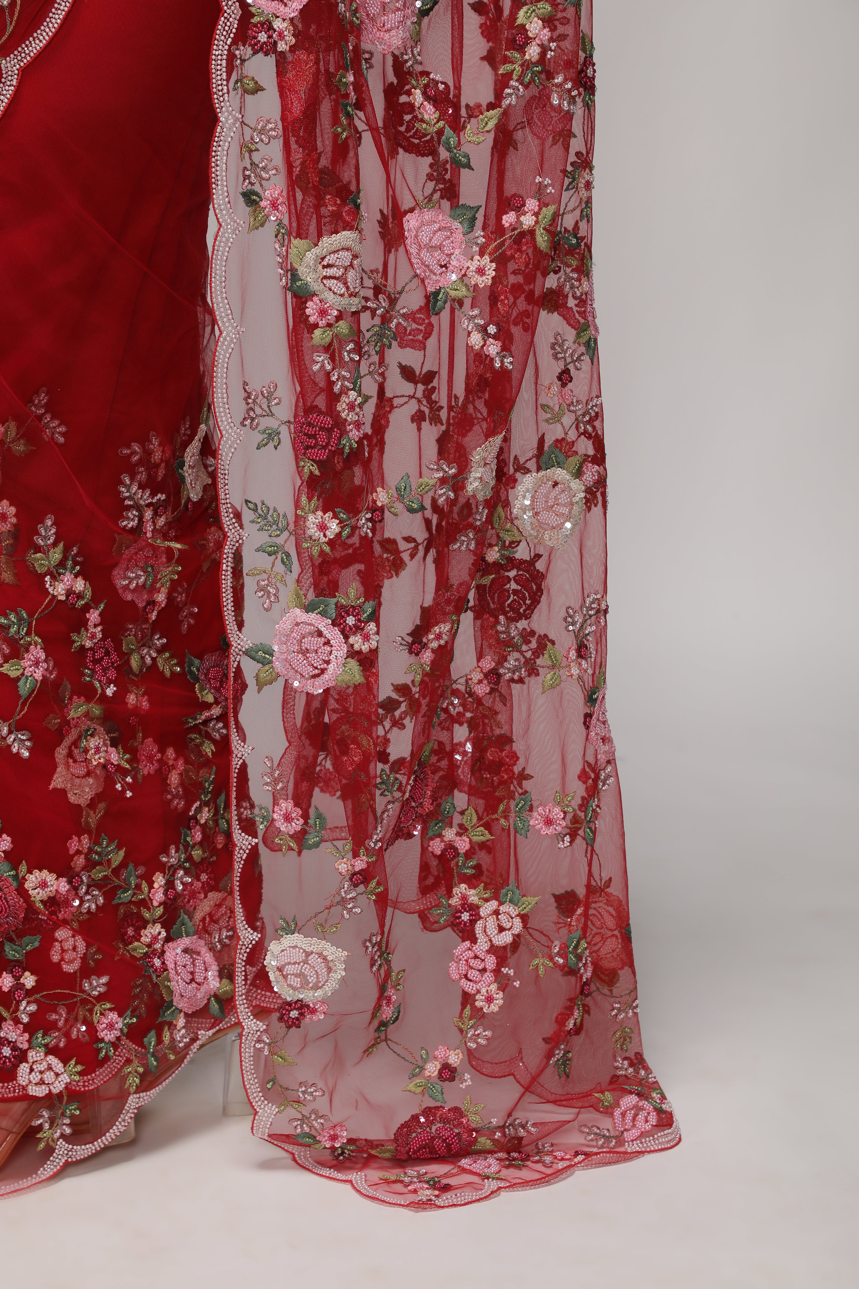 Red Net Saree with All-Over Multithread, Sequin & Pearl Jaal