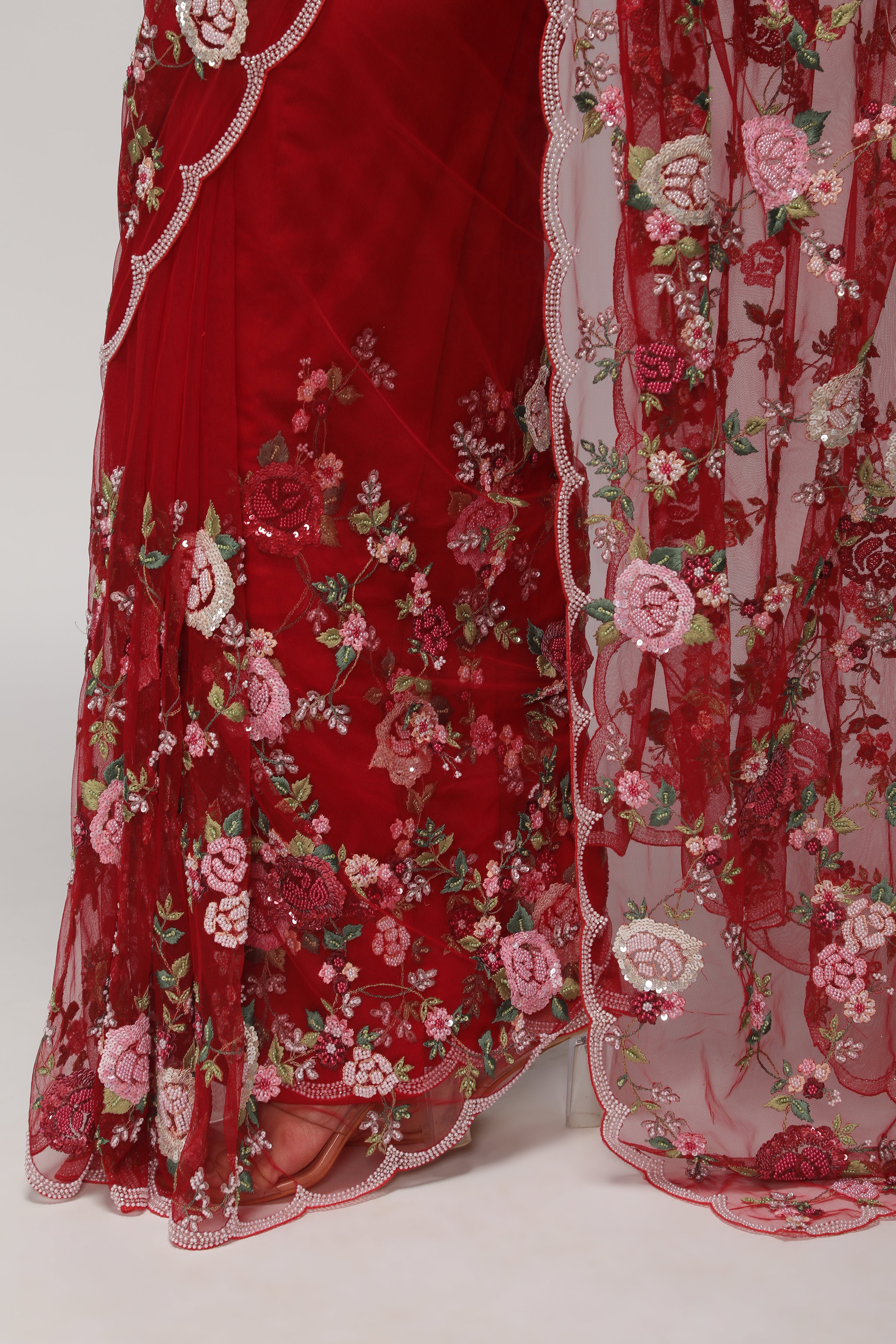 Red Net Saree with All-Over Multithread, Sequin & Pearl Jaal