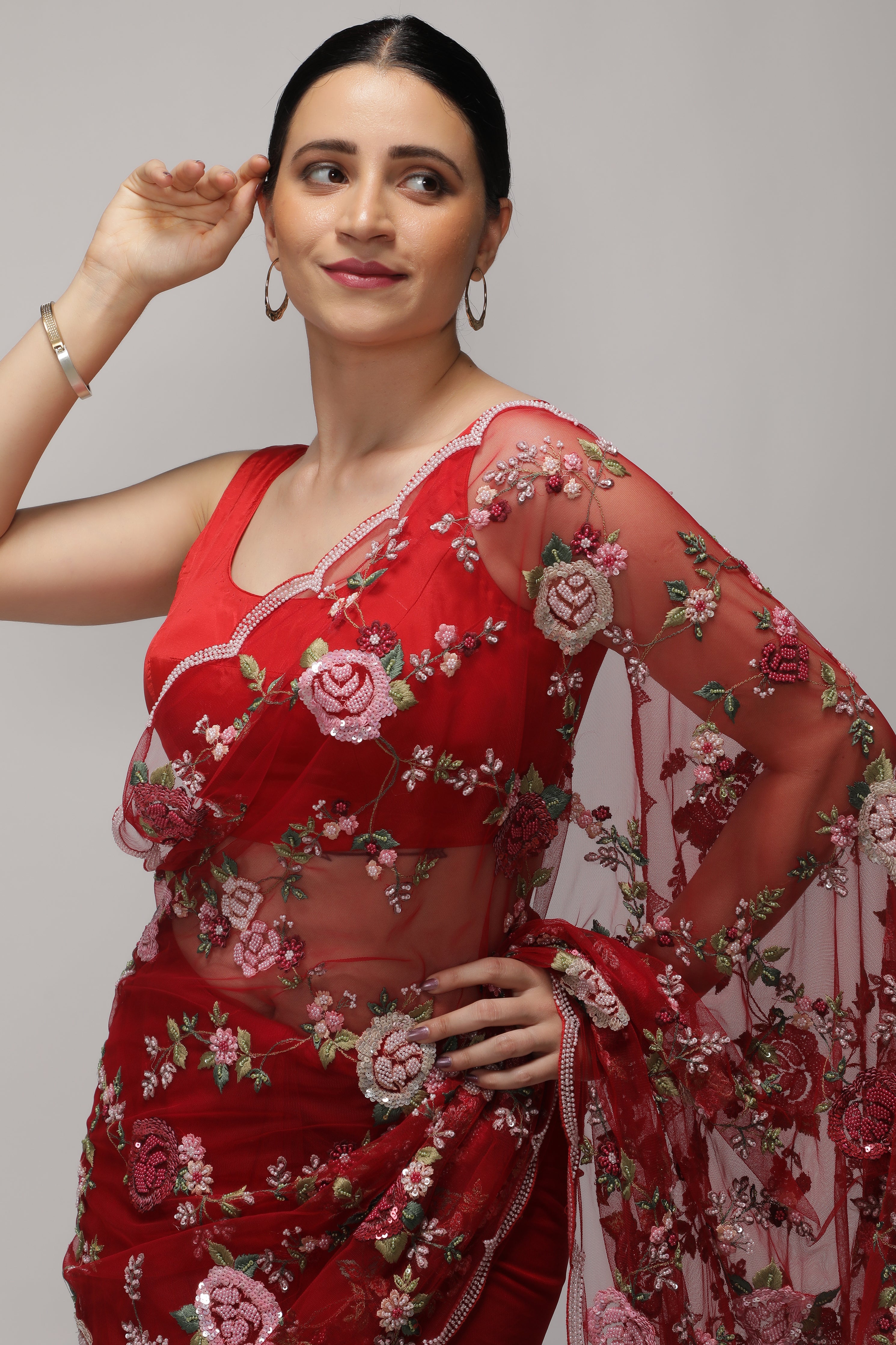 Red Net Saree with All-Over Multithread, Sequin & Pearl Jaal