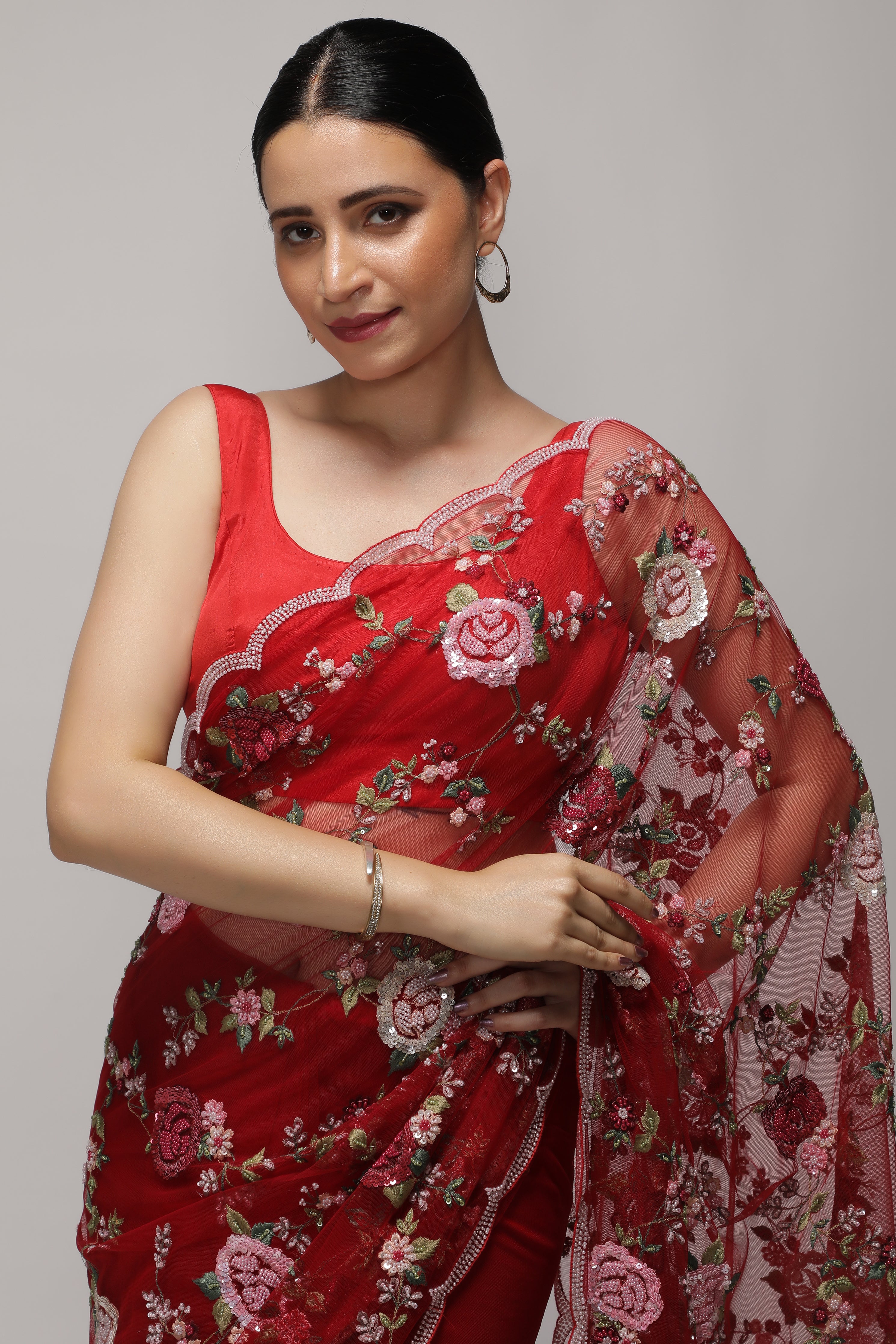 Red Net Saree with All-Over Multithread, Sequin & Pearl Jaal