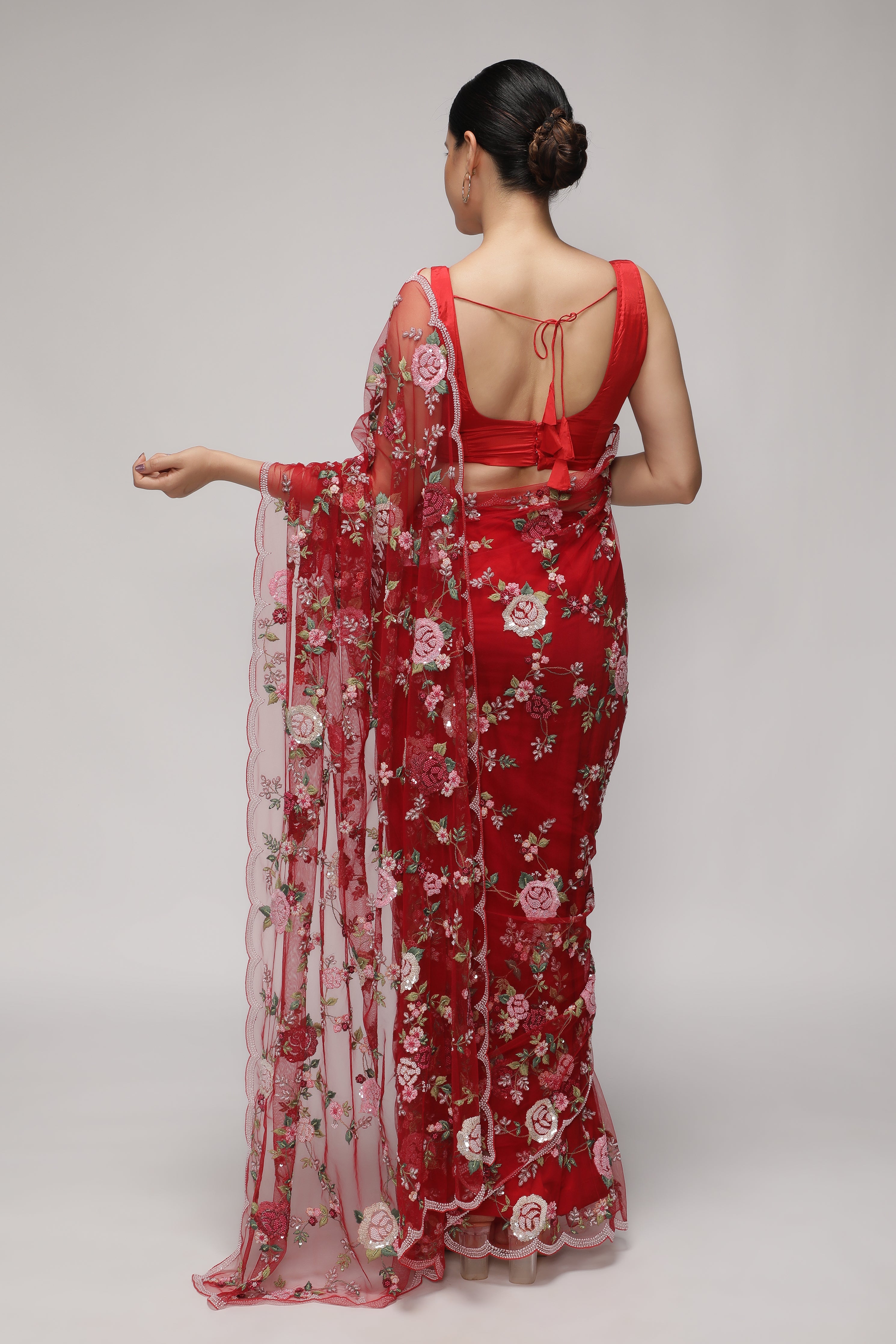 Red Net Saree with All-Over Multithread, Sequin & Pearl Jaal