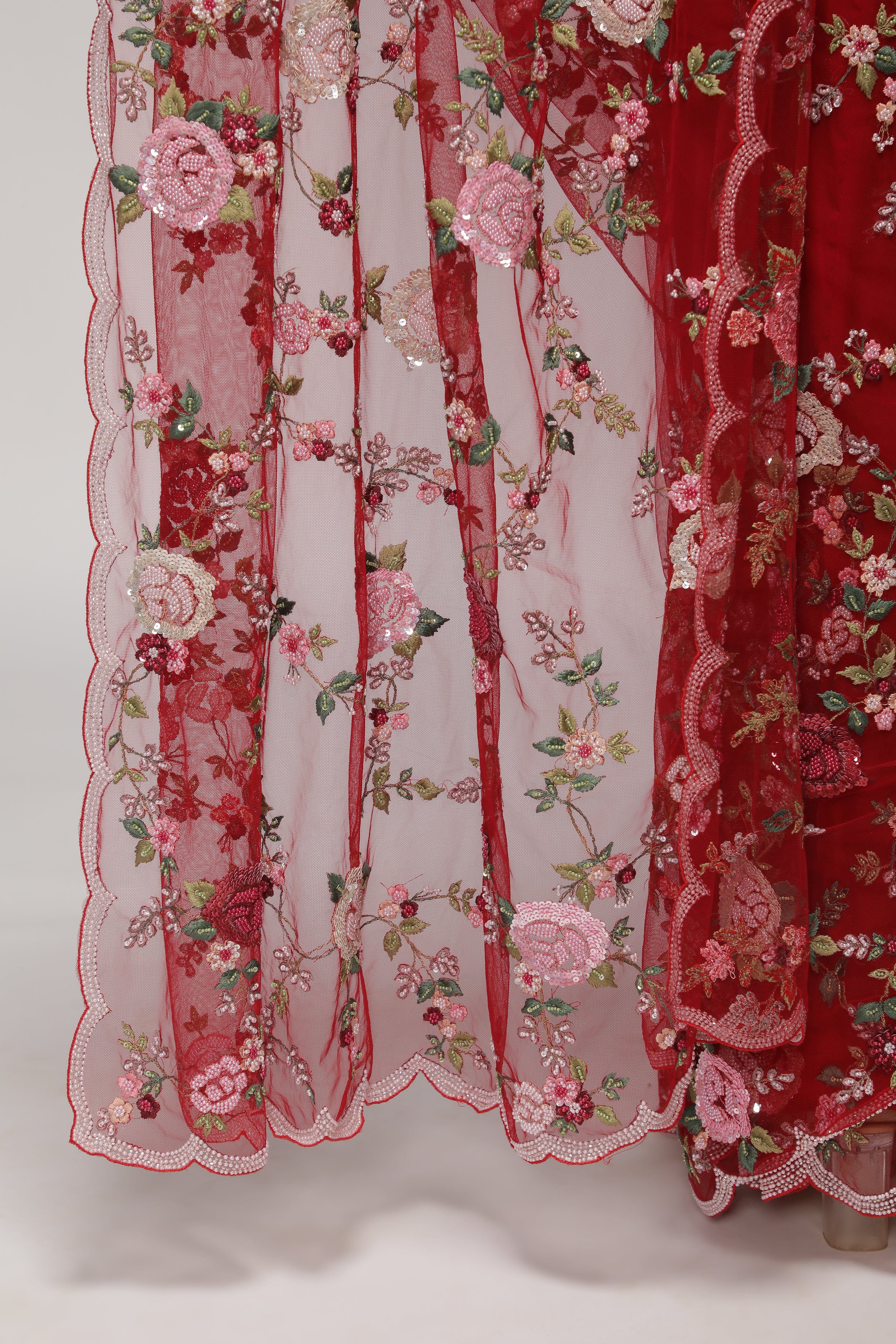 Red Net Saree with All-Over Multithread, Sequin & Pearl Jaal