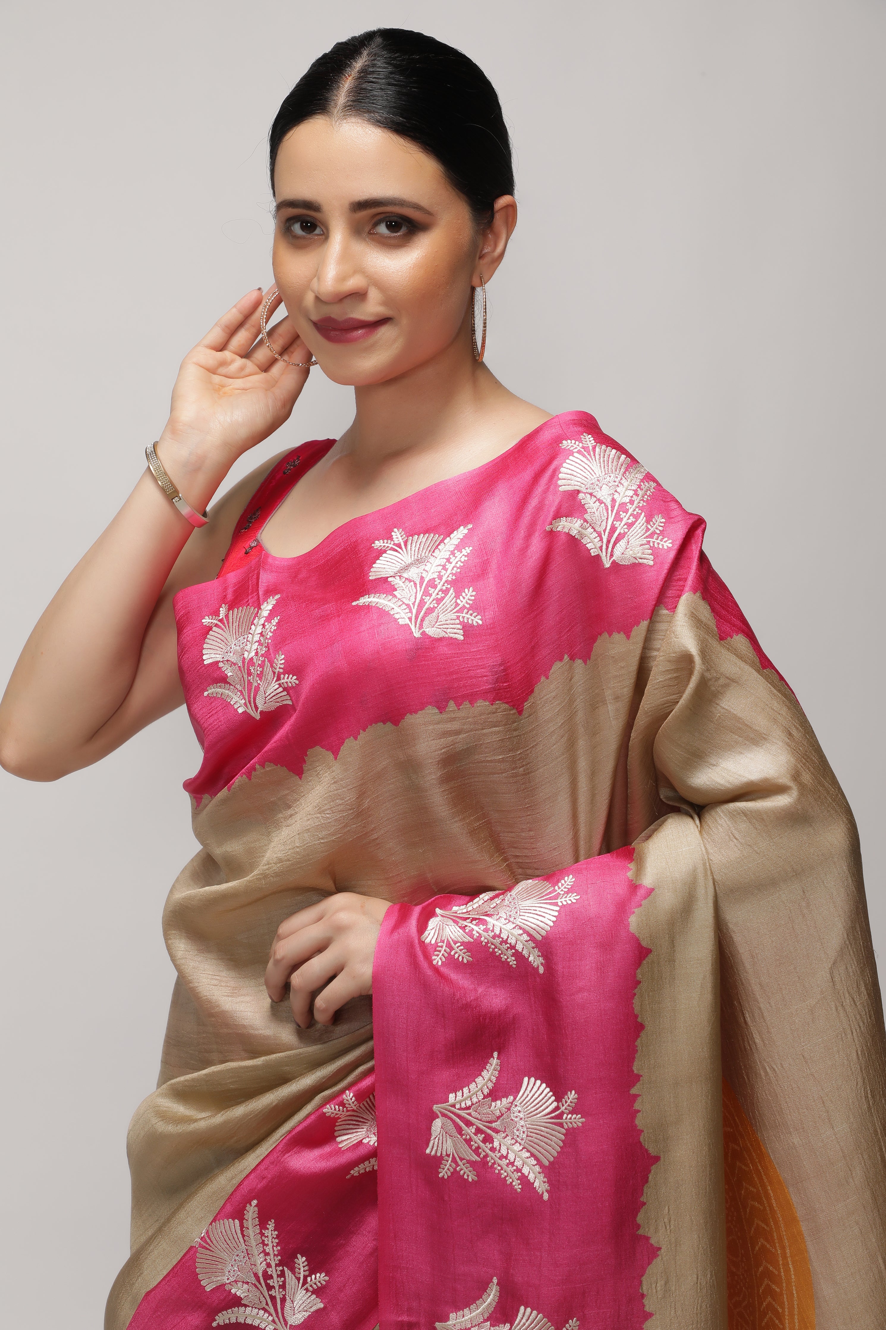 Chikoo and Pink Tussar Saree with Bandhani Print & Contrast Embroidery Border