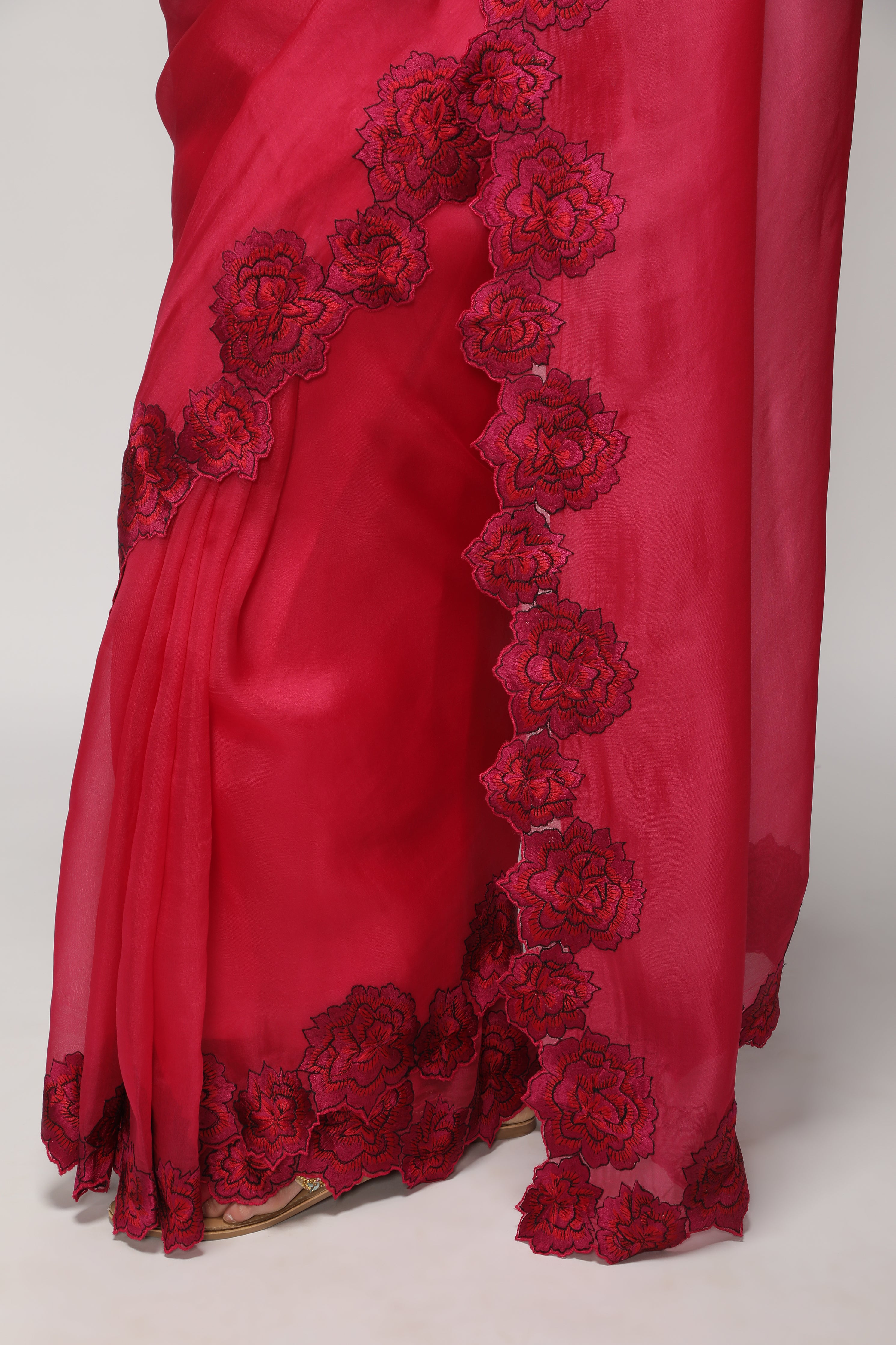 Fuchsia Pink Organza Saree with Shaded Floral Embroidery & Scallop Border