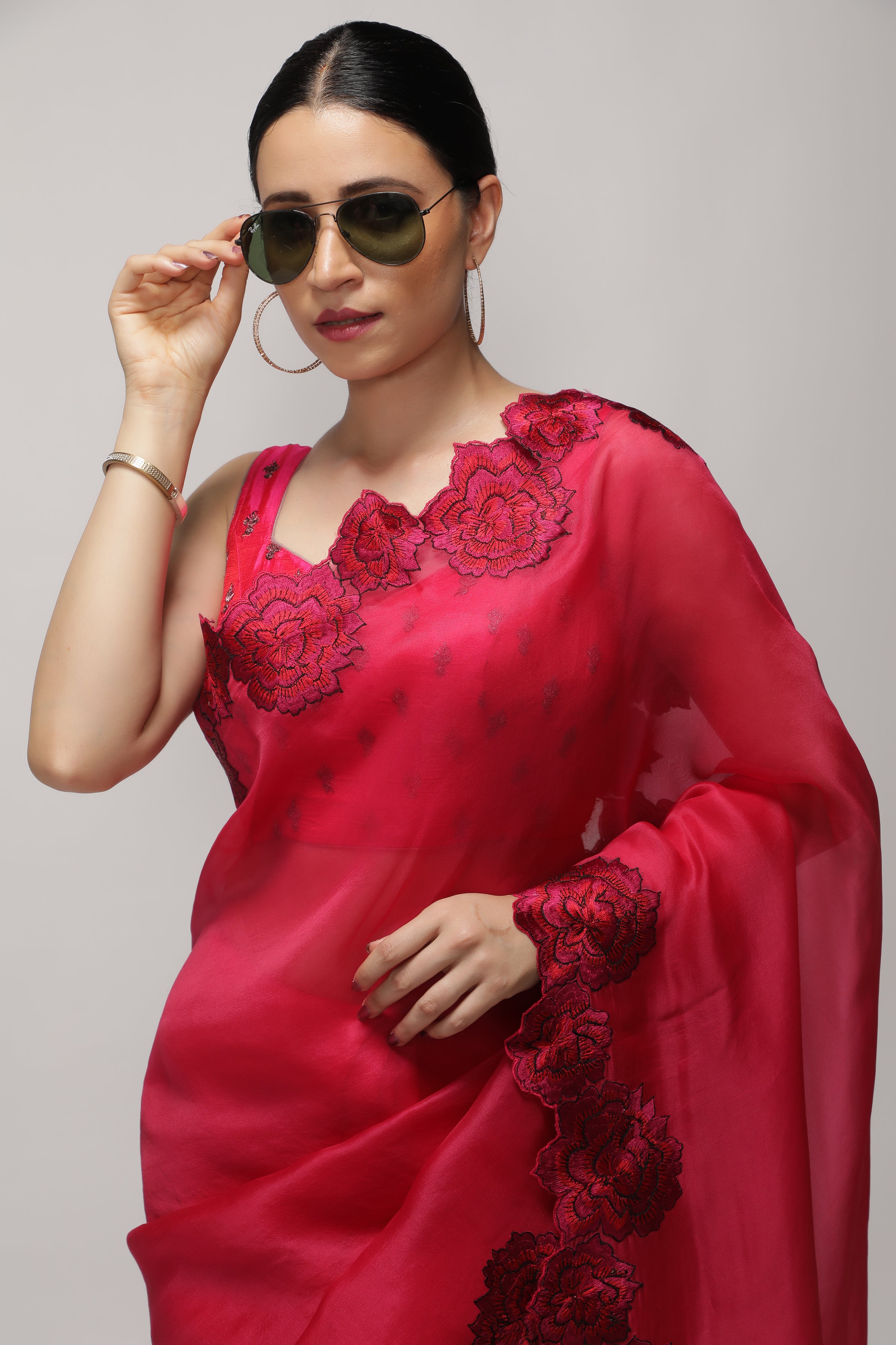 Fuchsia Pink Organza Saree with Shaded Floral Embroidery & Scallop Border