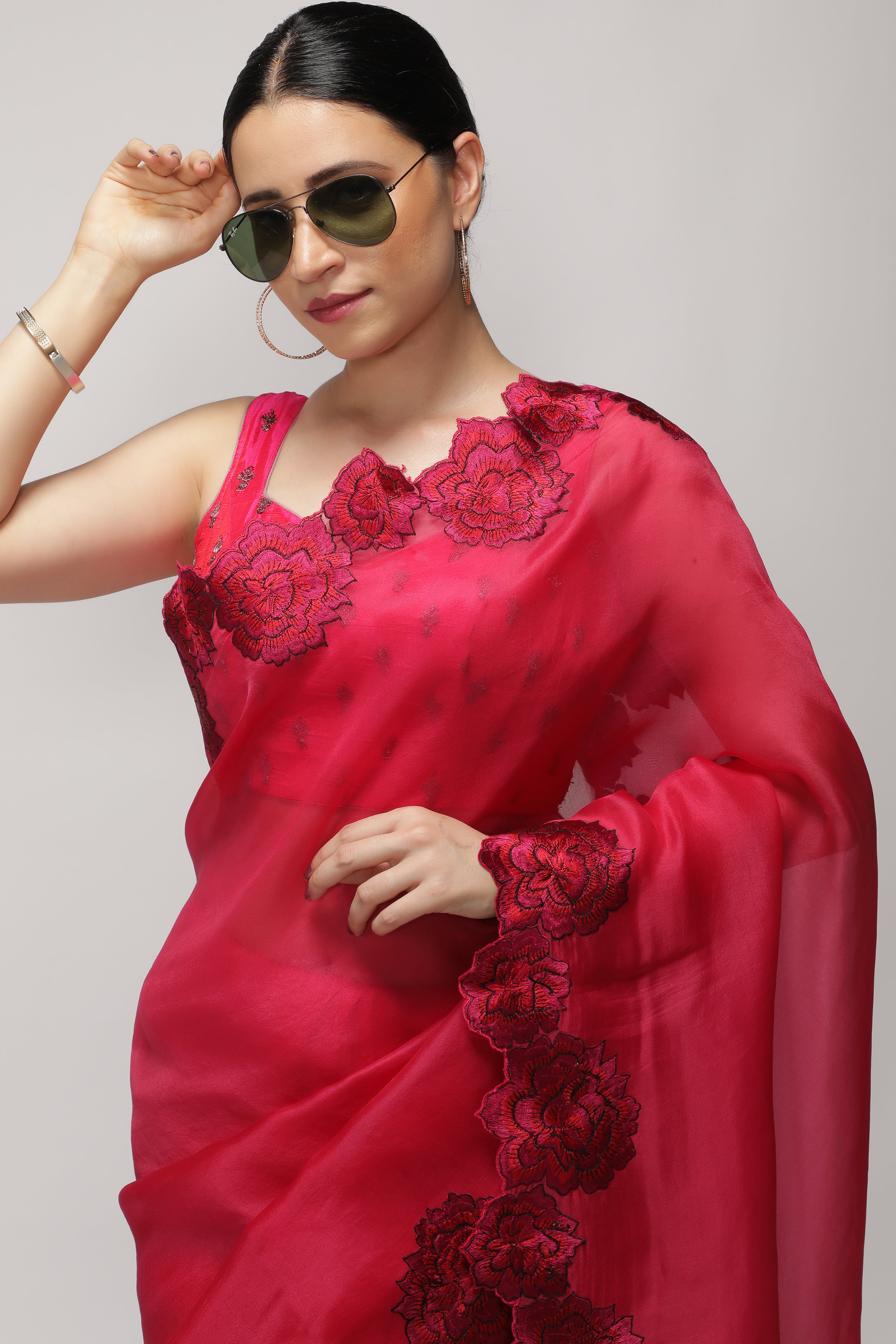 Fuchsia Pink Organza Saree with Shaded Floral Embroidery & Scallop Border