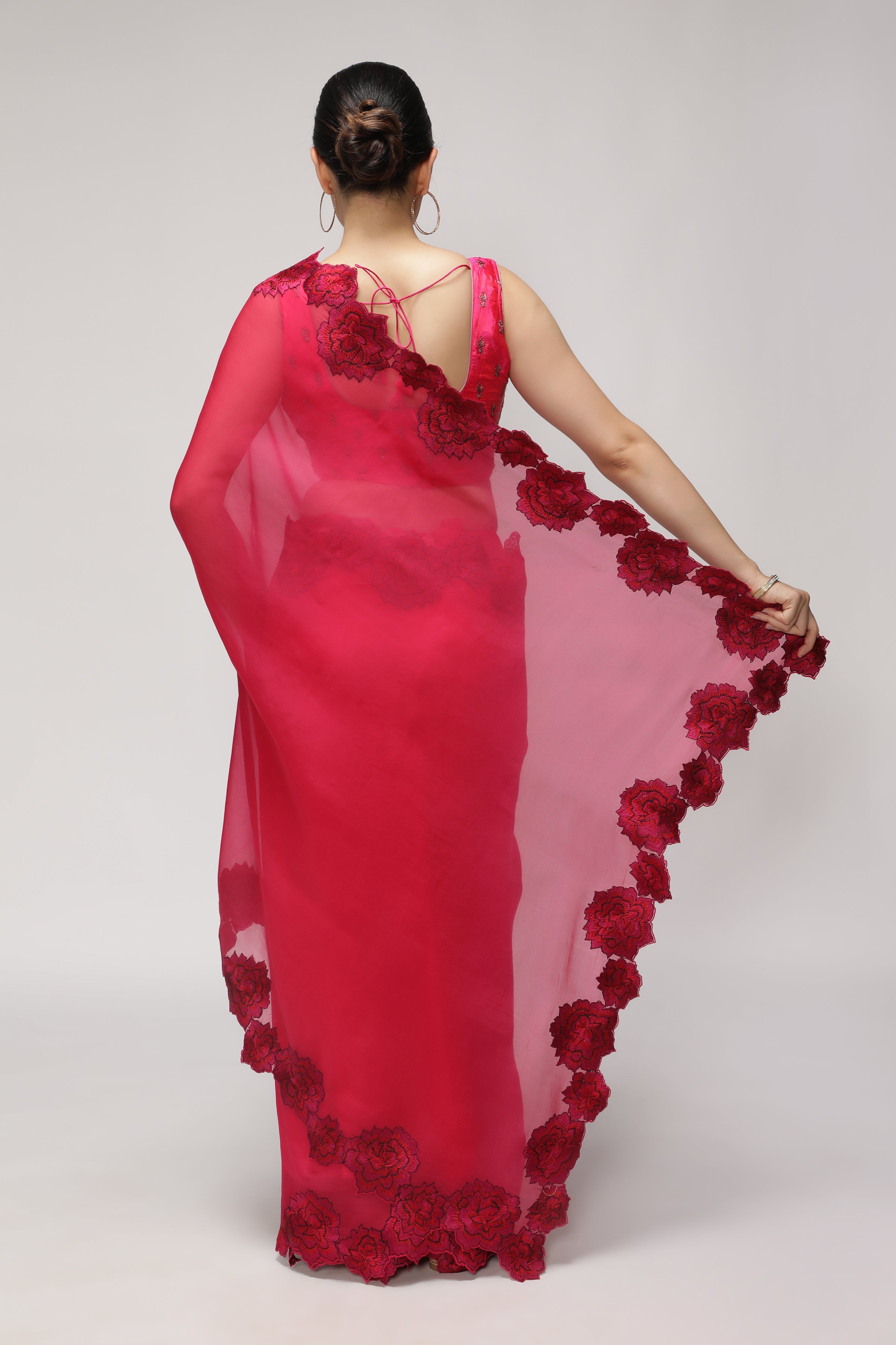 Fuchsia Pink Organza Saree with Shaded Floral Embroidery & Scallop Border