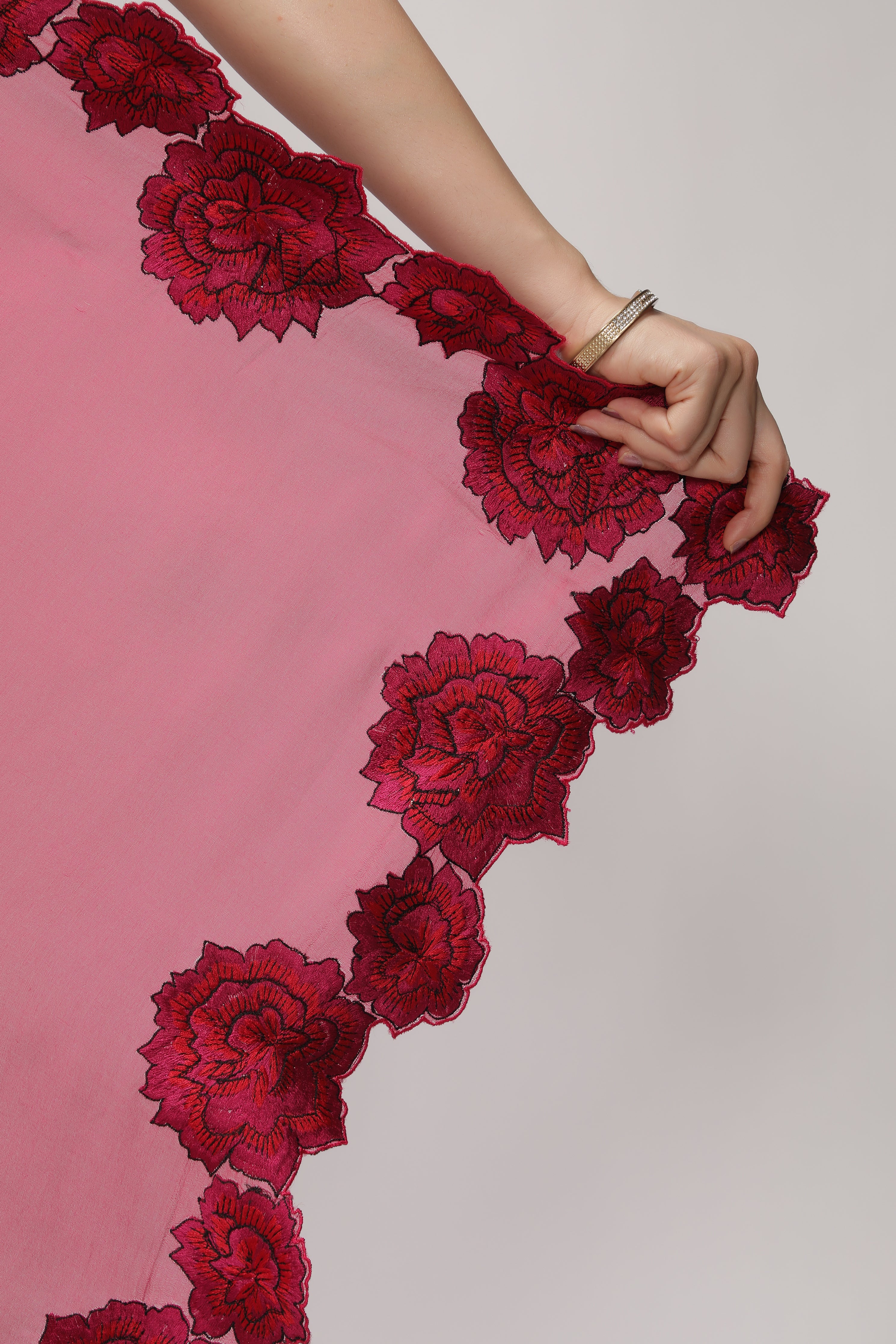 Fuchsia Pink Organza Saree with Shaded Floral Embroidery & Scallop Border