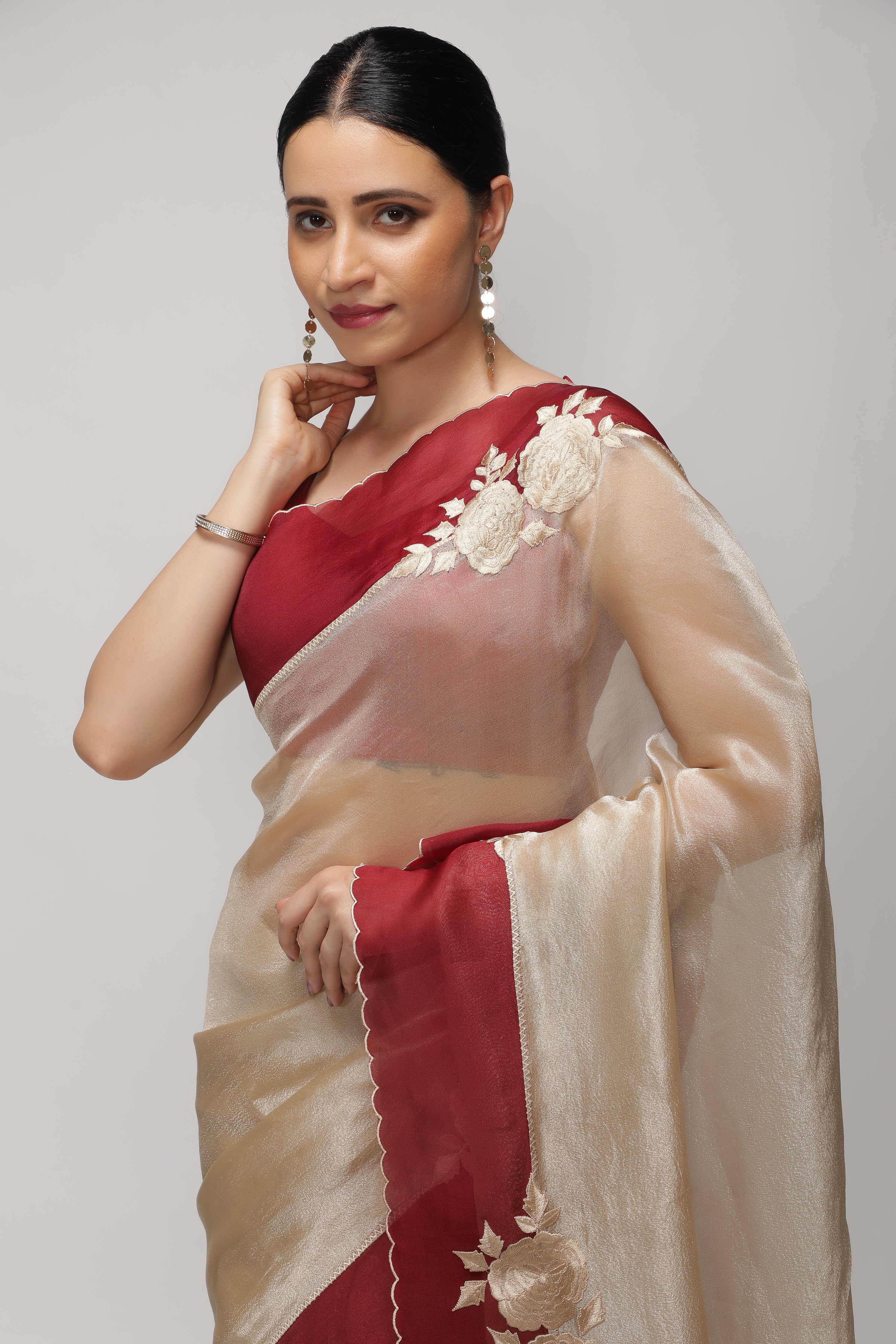 Silver Tissue Saree with Red Embroidered Floral Border