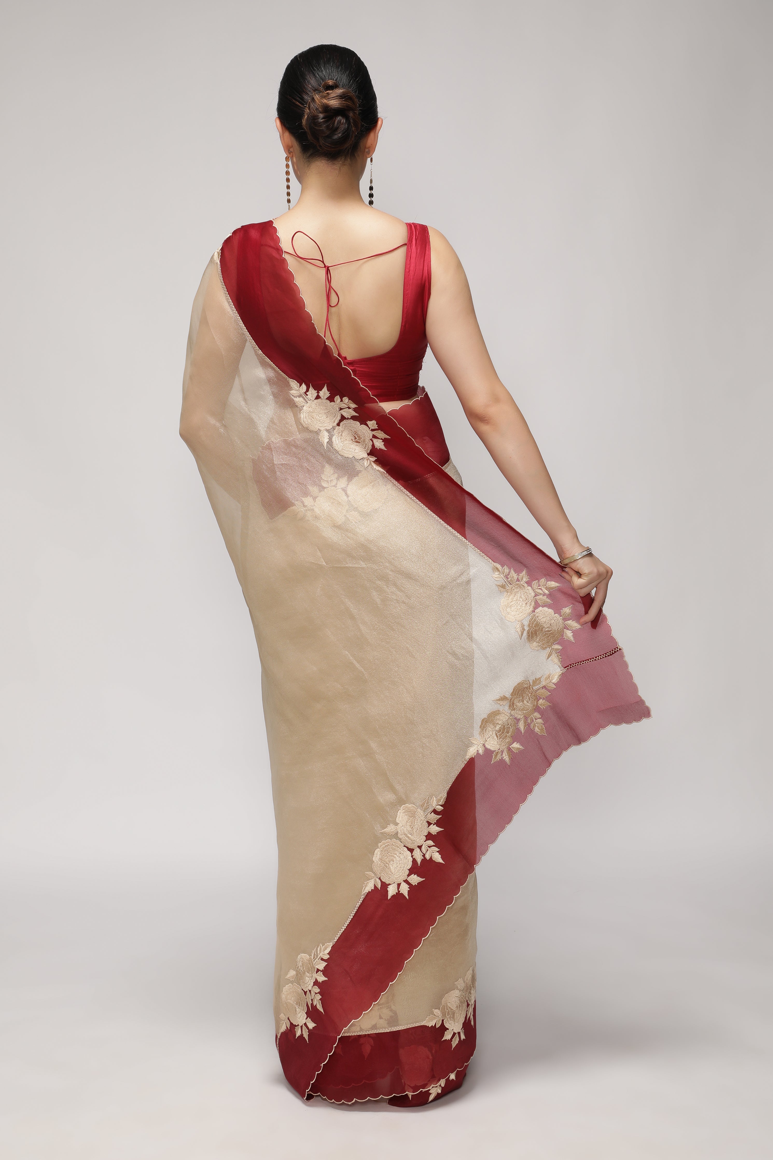 Silver Tissue Saree with Red Embroidered Floral Border