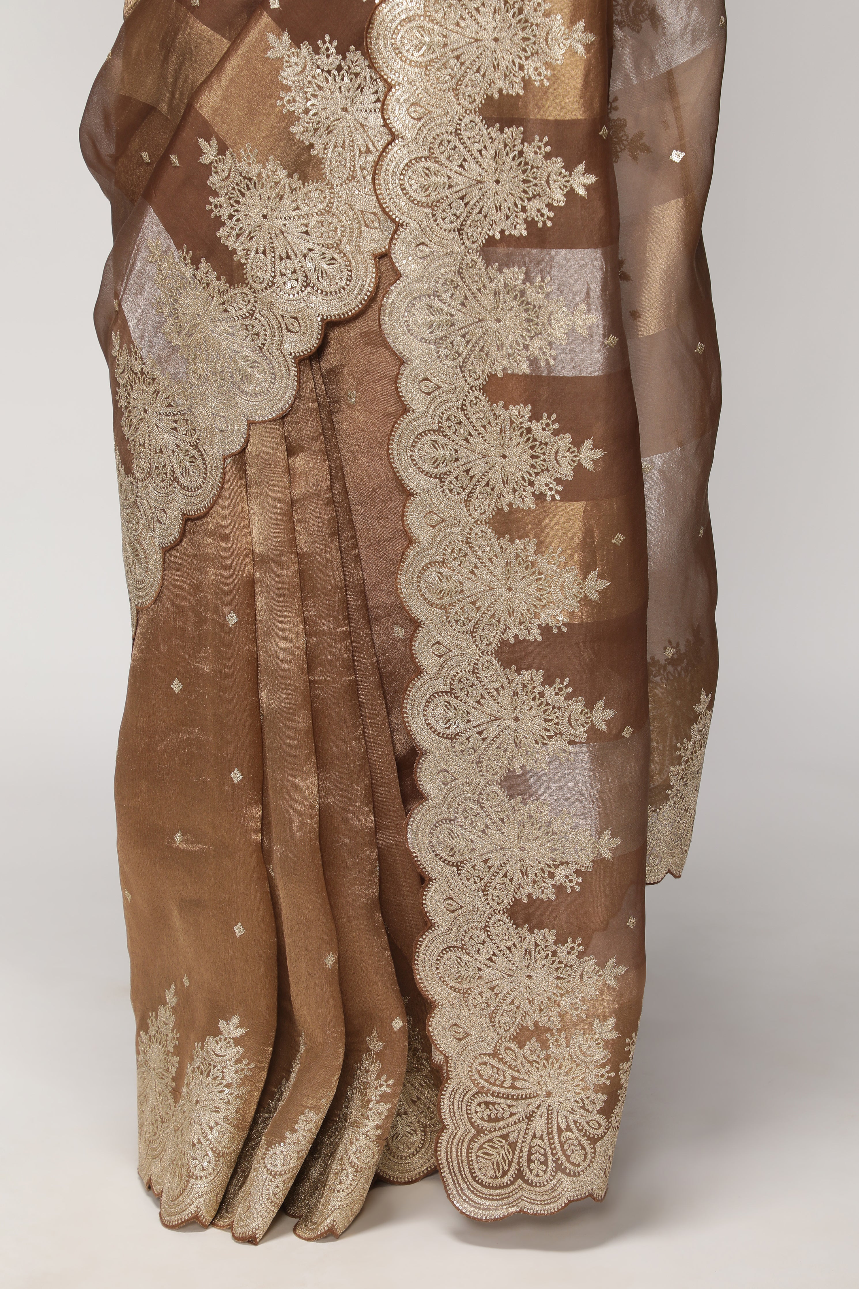 Brown Organza Saree with Zari Stripes, Sequins Highlights & Zari Embroidered Border