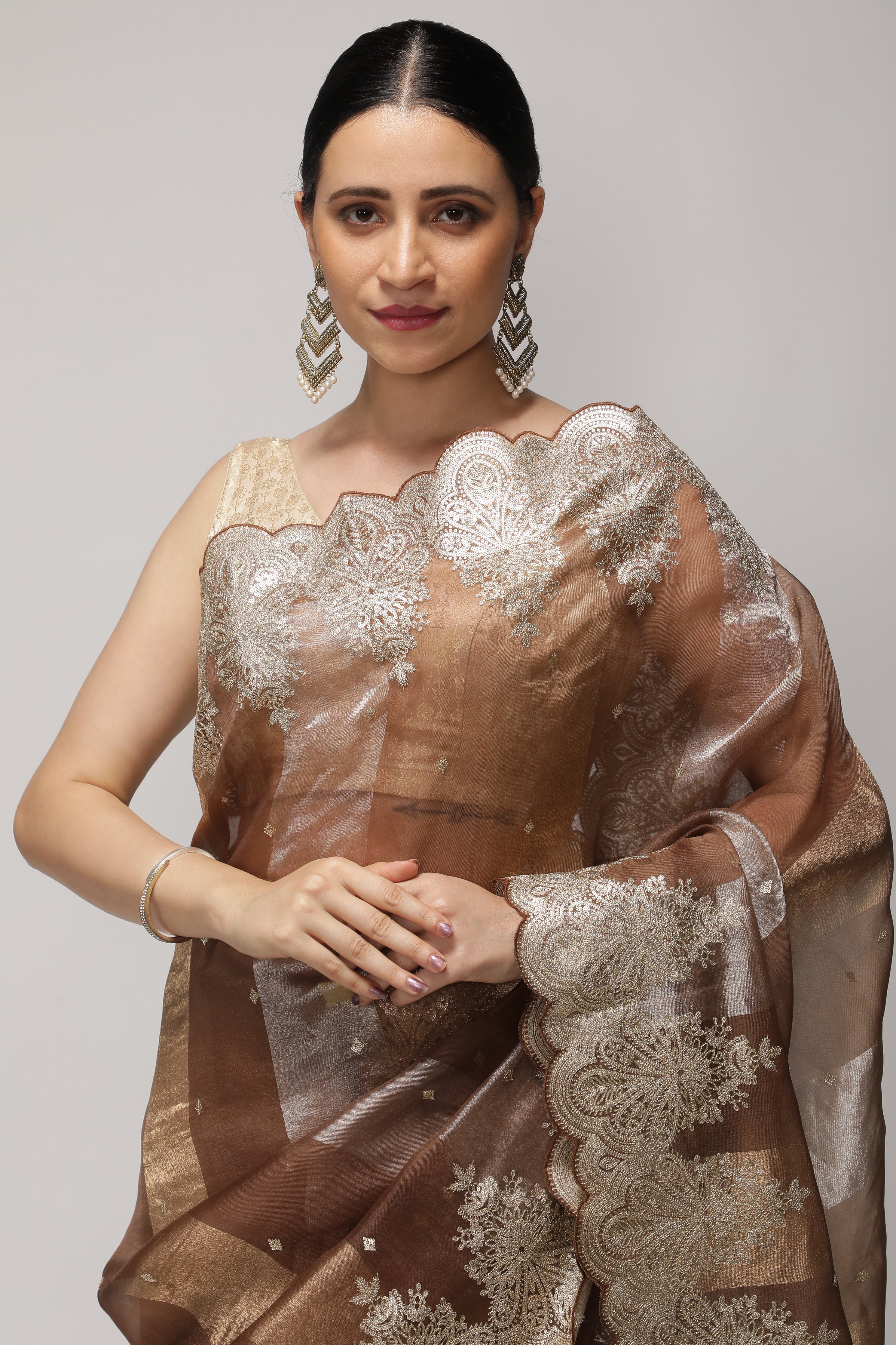 Brown Organza Saree with Zari Stripes, Sequins Highlights & Zari Embroidered Border