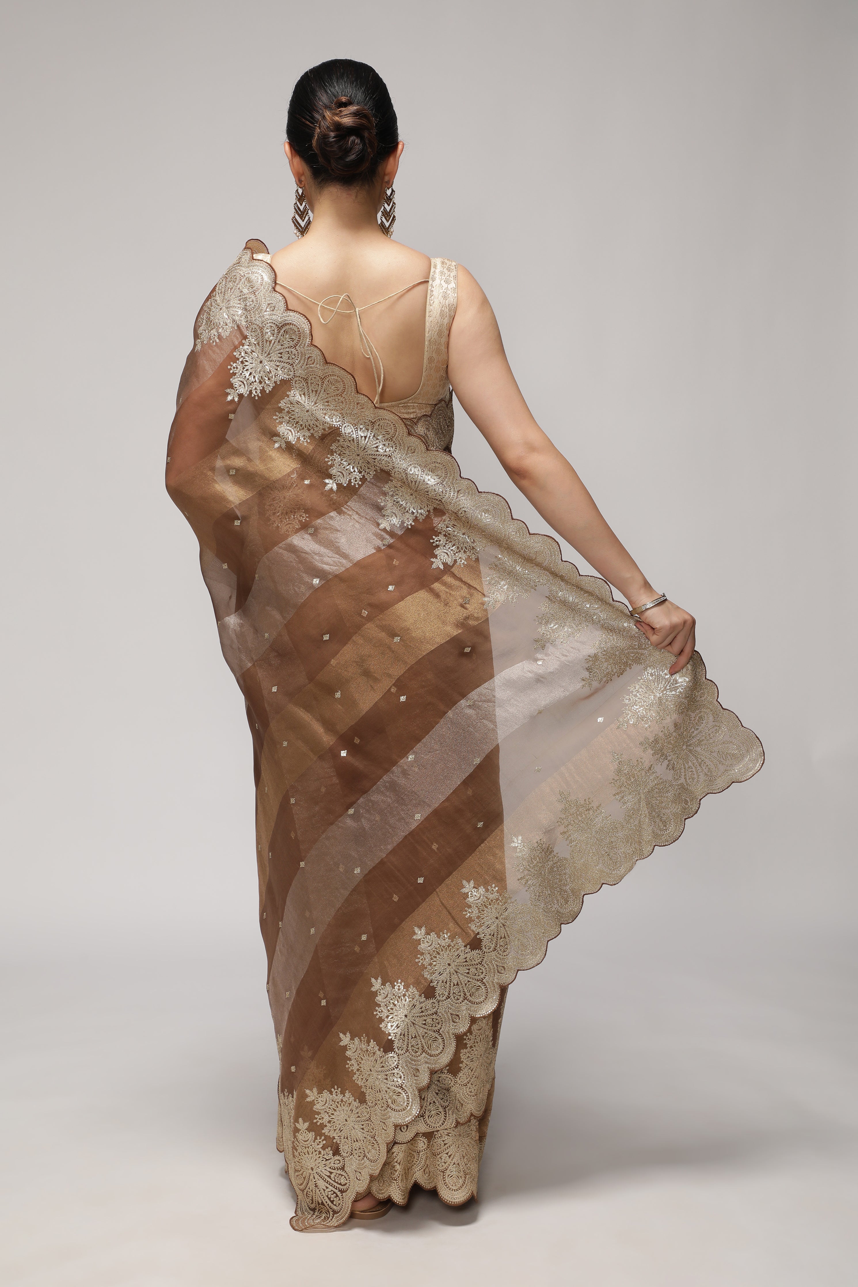 Brown Organza Saree with Zari Stripes, Sequins Highlights & Zari Embroidered Border