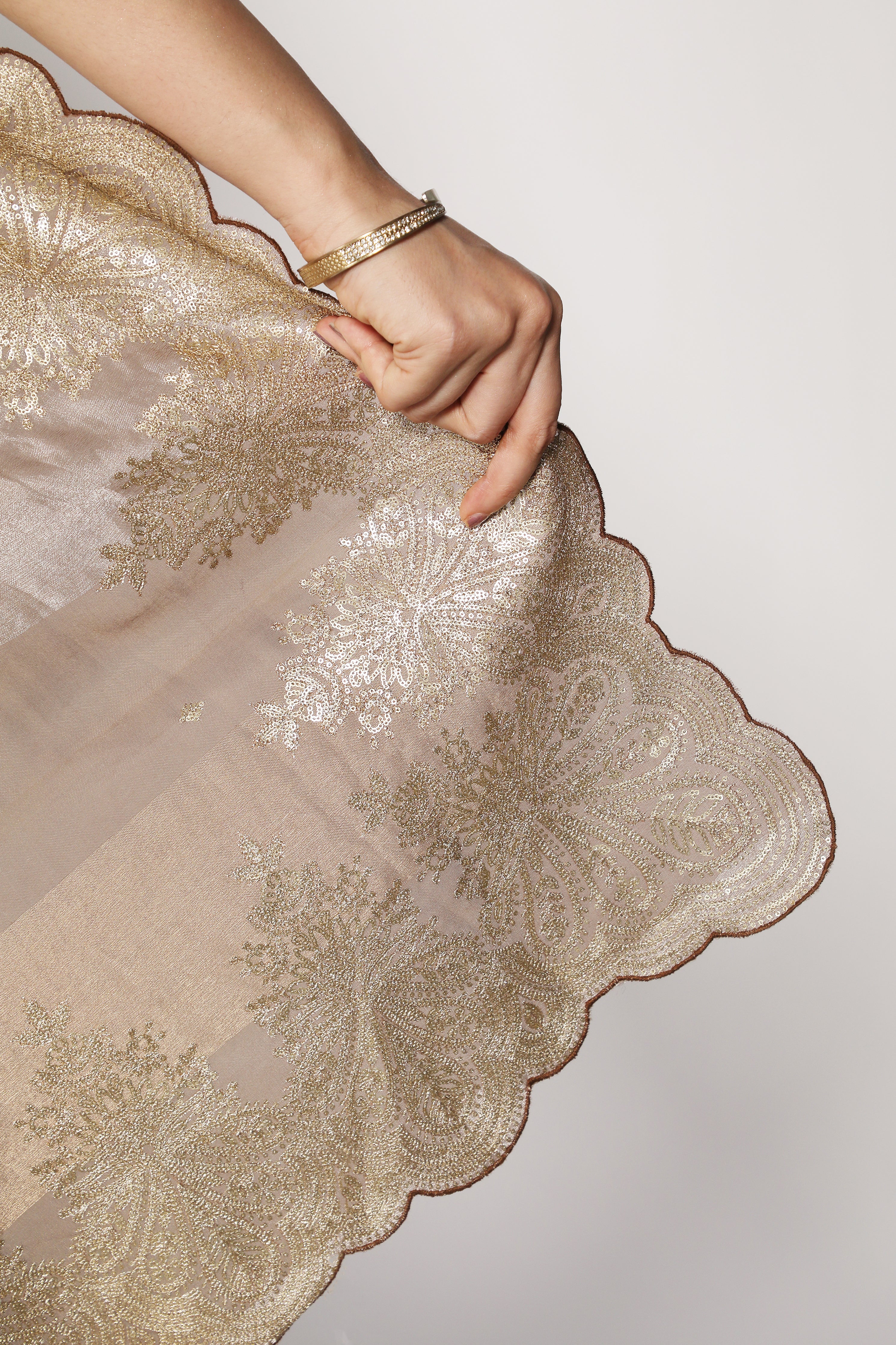 Brown Organza Saree with Zari Stripes, Sequins Highlights & Zari Embroidered Border
