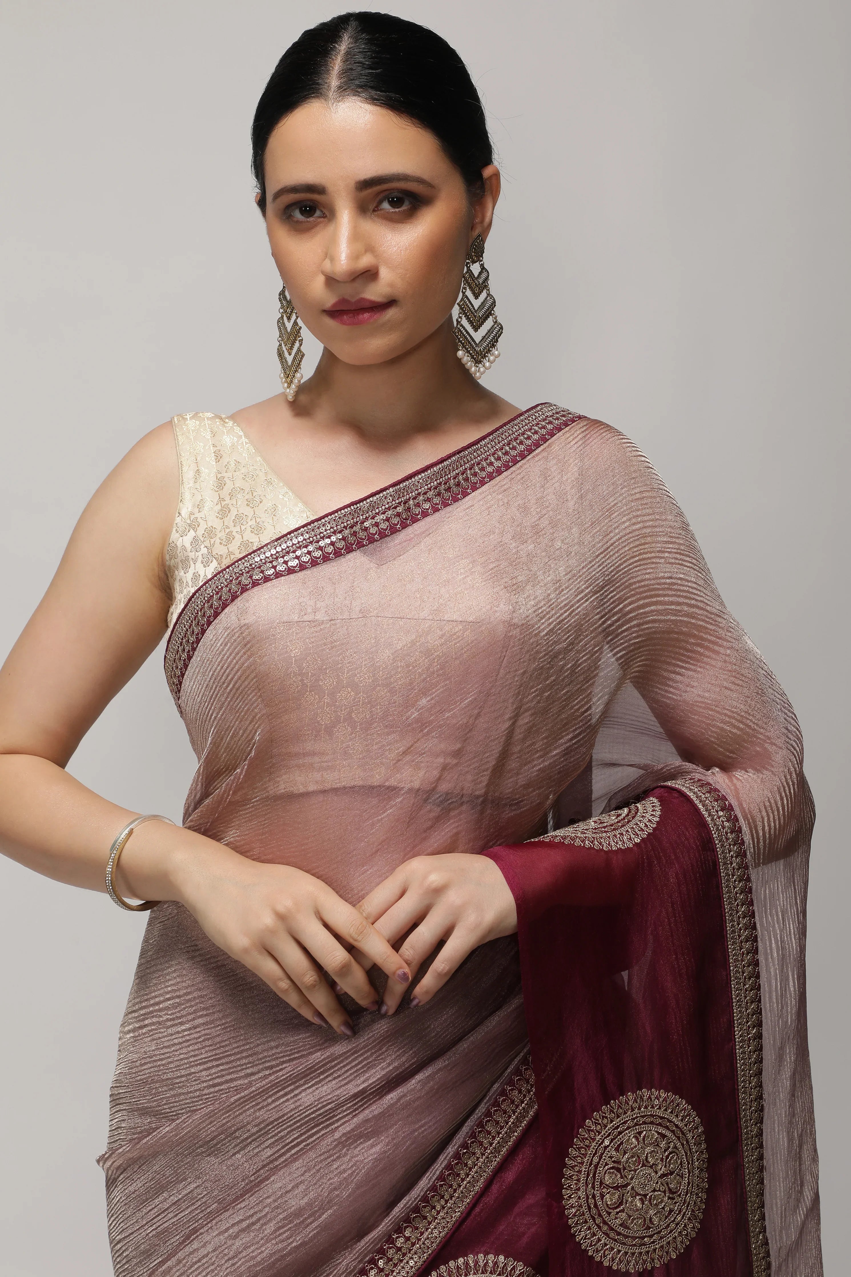 Light Plum Crush Saree with Zardosi Motif Border - Mokshaa
