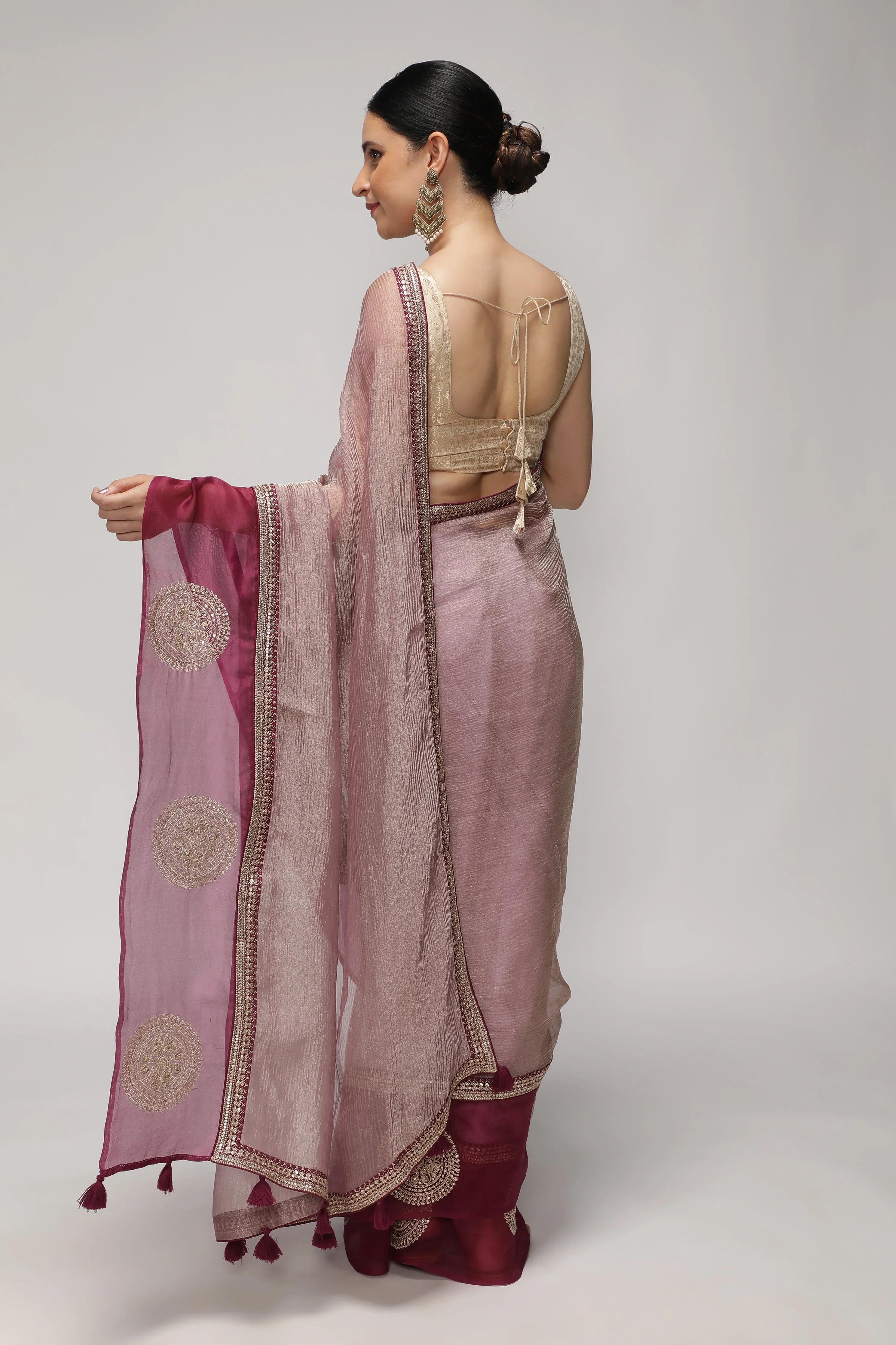 Light Plum Crush Saree with Zardosi Motif Border - Mokshaa