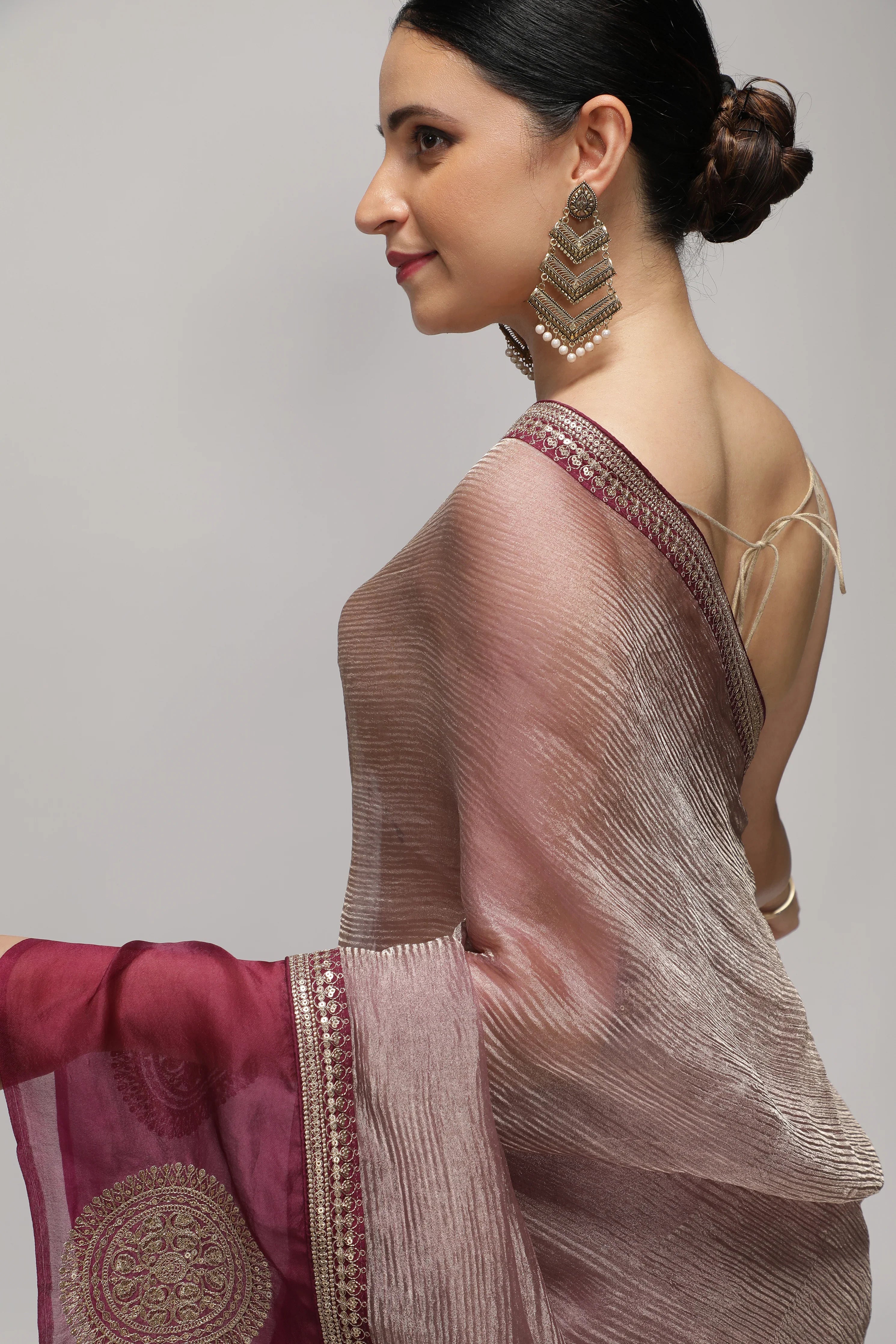 Light Plum Crush Saree with Zardosi Motif Border - Mokshaa