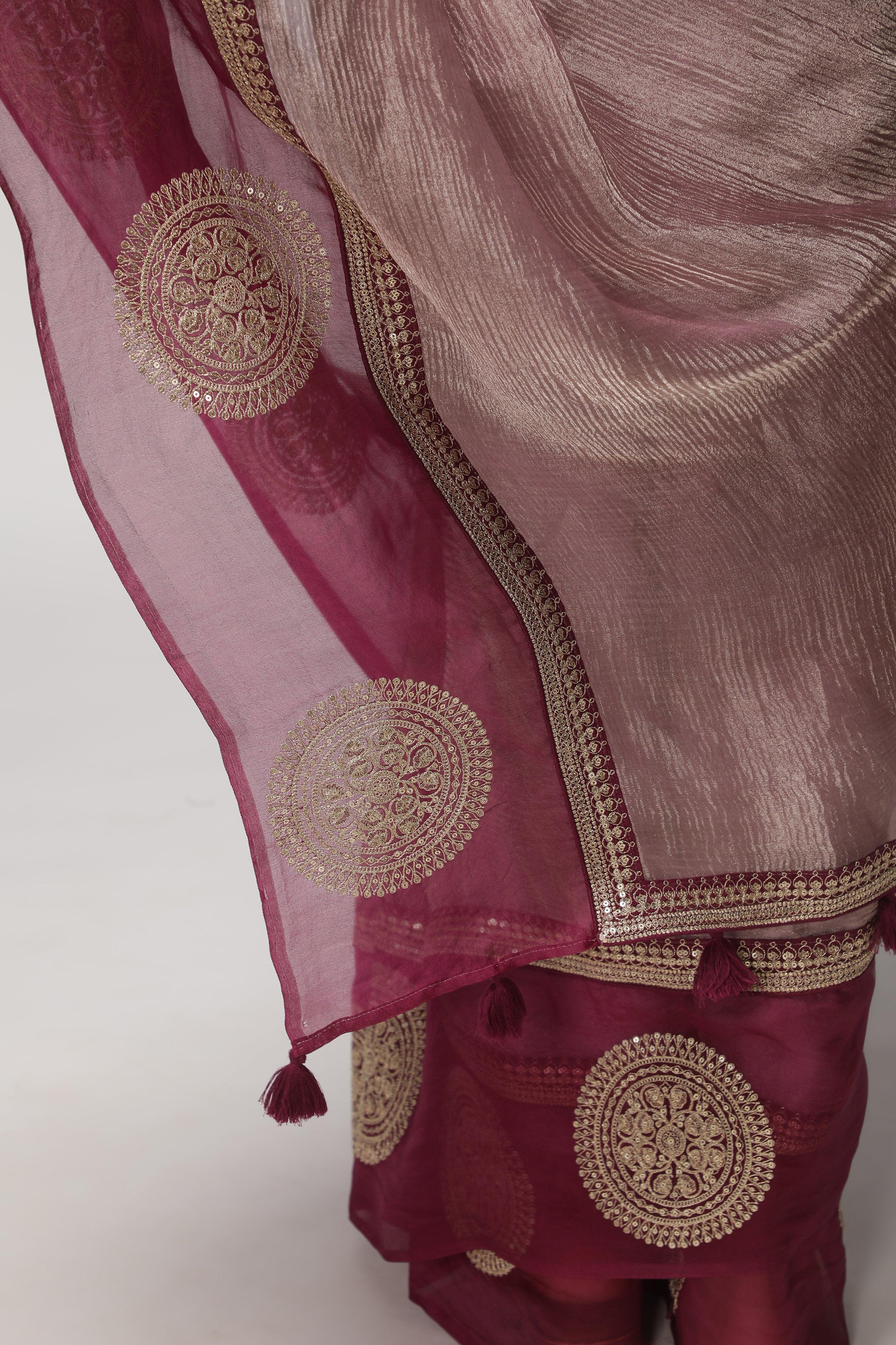 Light Plum Crush Saree with Zardosi Motif Border - Mokshaa
