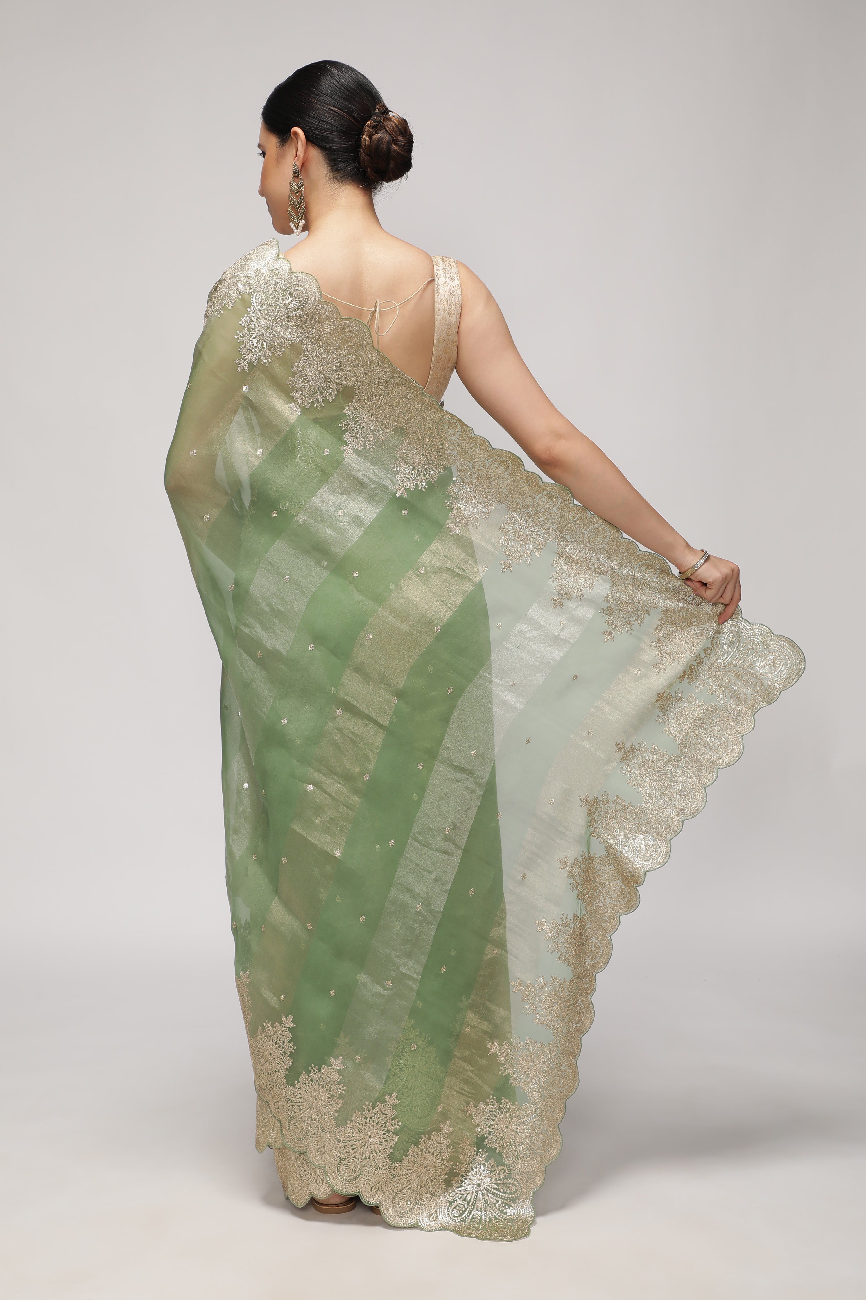 Mint Green Organza Saree with Zari Stripes, Sequins Highlight & Zari-Embroidered Border