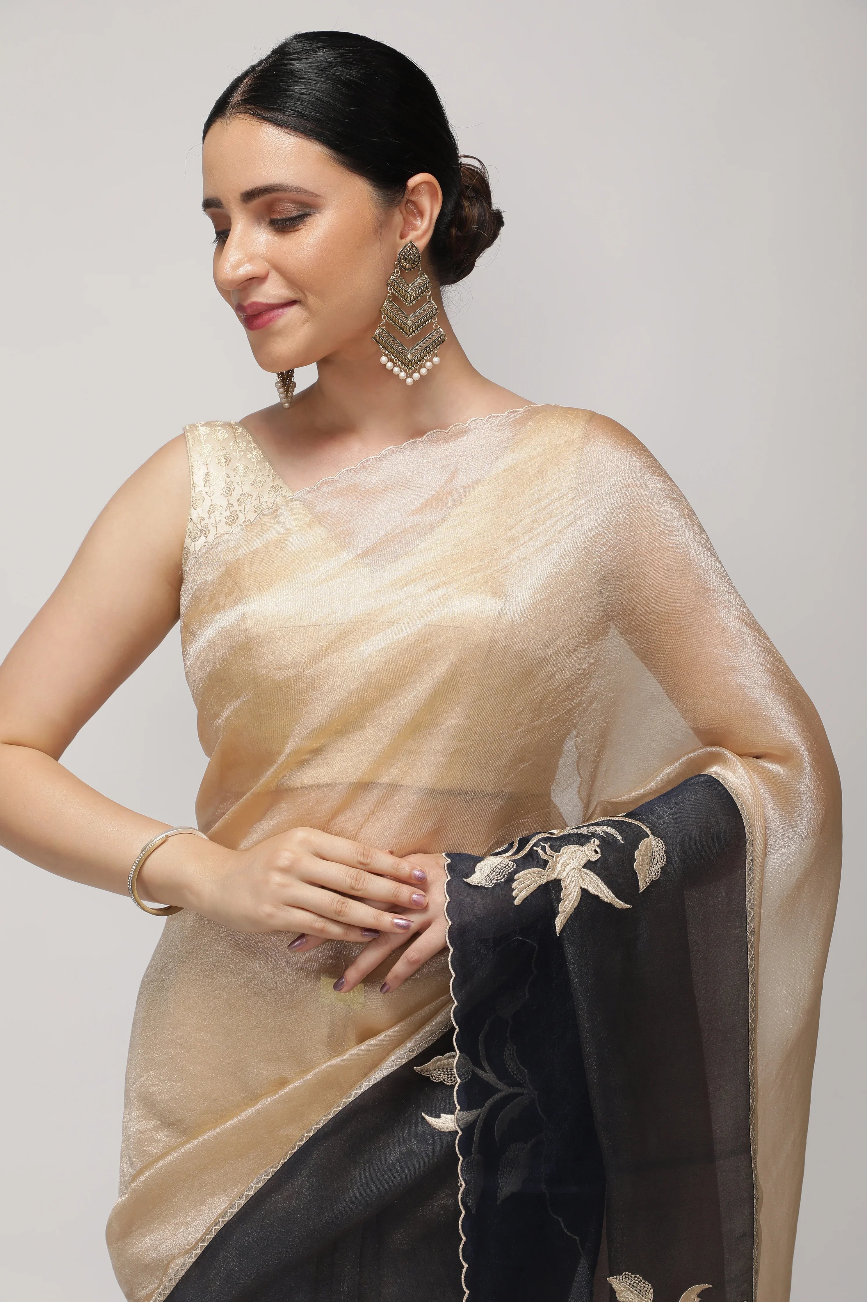 Ivory Tissue Saree with Contrast Blue Kora Thread Work Border - Mokshaa