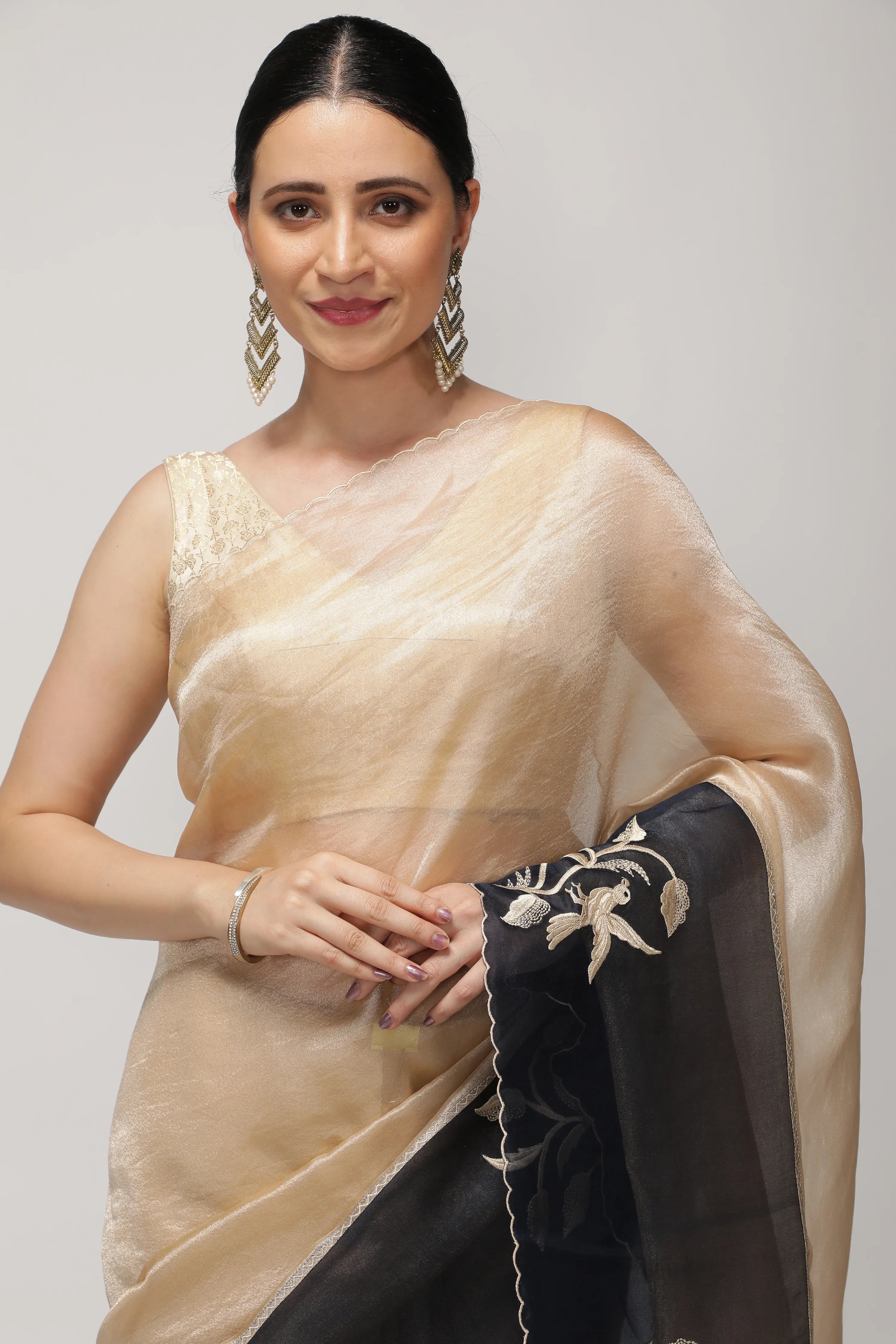 Ivory Tissue Saree with Contrast Blue Kora Thread Work Border - Mokshaa